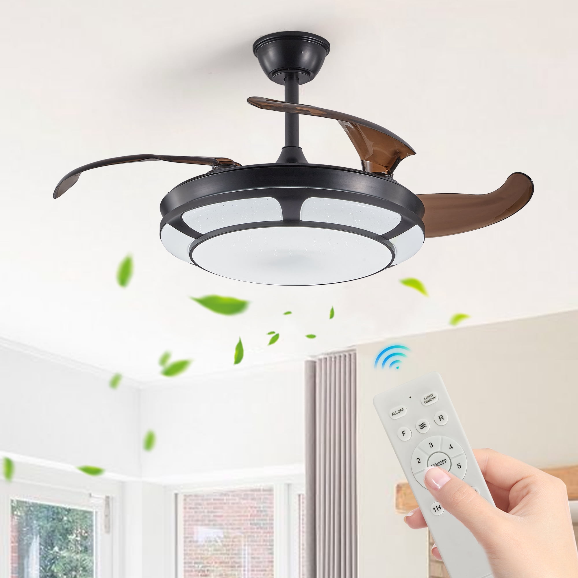Leumius 42" Retractable Ceiling Fan with Light, Modern LED Chandelier Fan with Remote Control, 6 Speed Adjustable Blades,Quiet DC Motor,Dimmable Lighting for Living Room Bedroom Dining Room
