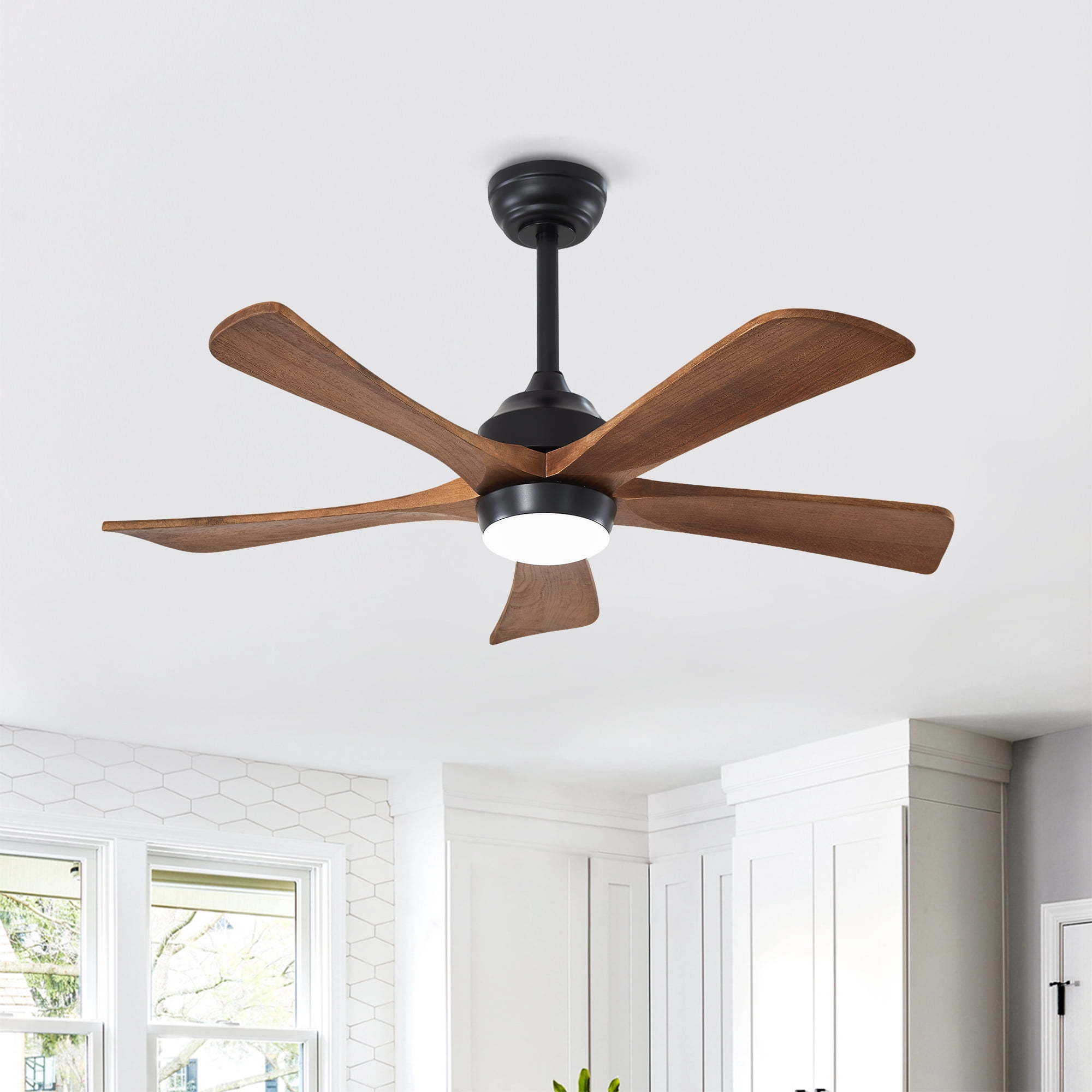 Leumius 42" Solid Wood Blades Ceiling Fan with Light and Remote Control,Quiet DC Motor 5 Blade Ceiling Fans 6 Speed Levels,Reversible for Patio Living Room Bedroom Office Black