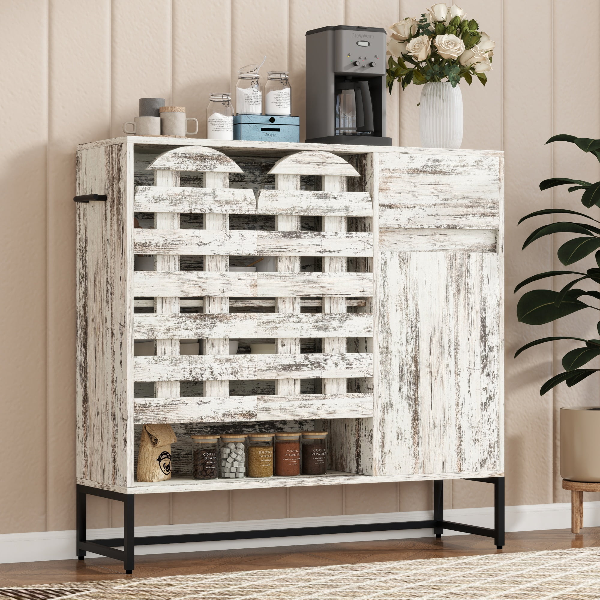 Leumius 44.3"Farmhouse Sideboard Cabinet with Storage,Coffee Bar Console Table With Storage,Rustic Storage Cabinet with Arched Lattice Doors and Drawer for Living Room Kitchen Entryway Retro White