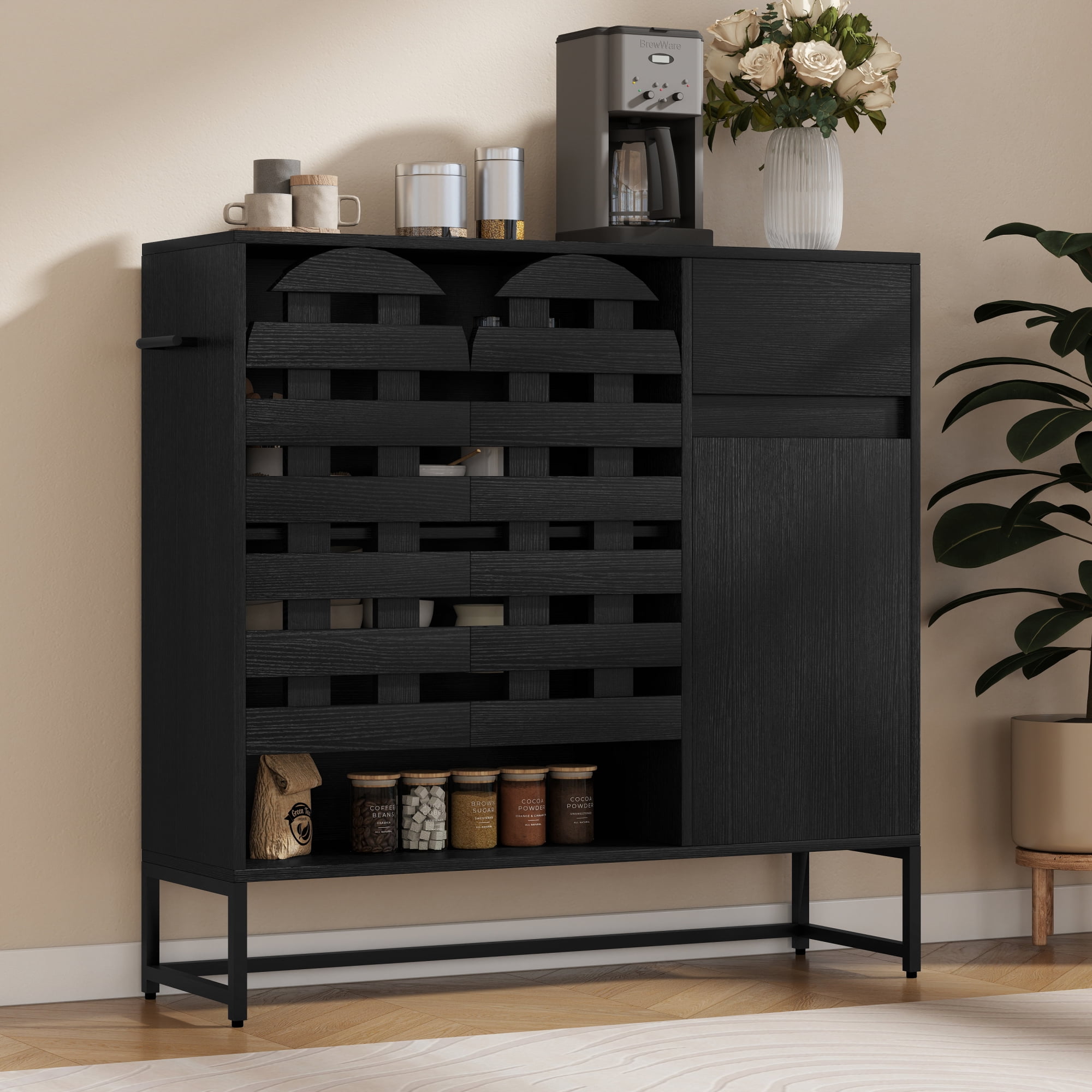 Leumius 44.3"Farmhouse Sideboard Cabinet with Storage,Coffee Bar Console Table With Storage,Rustic Storage Cabinet with Arched Lattice Doors and Drawer for Living Room Kitchen Entryway Black