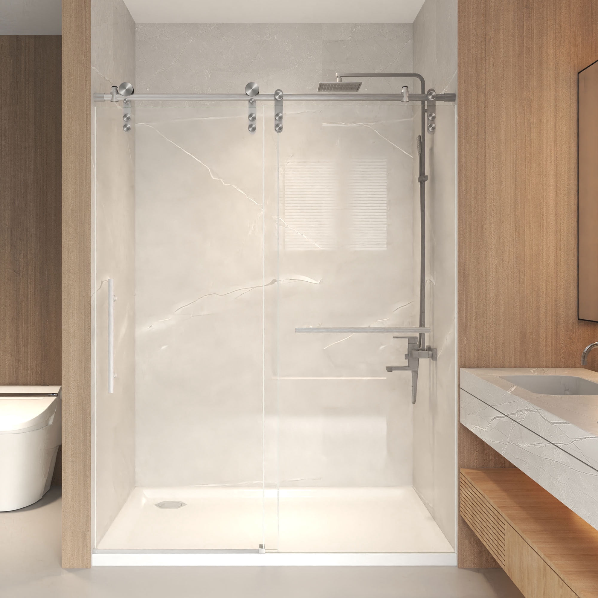Leumius 44-48" x 76" H Frameless Sliding Shower Door,5/16" Clear Tempered Glass Sliding Shower Door,Stainless Steel Frame,Brushed Nickel