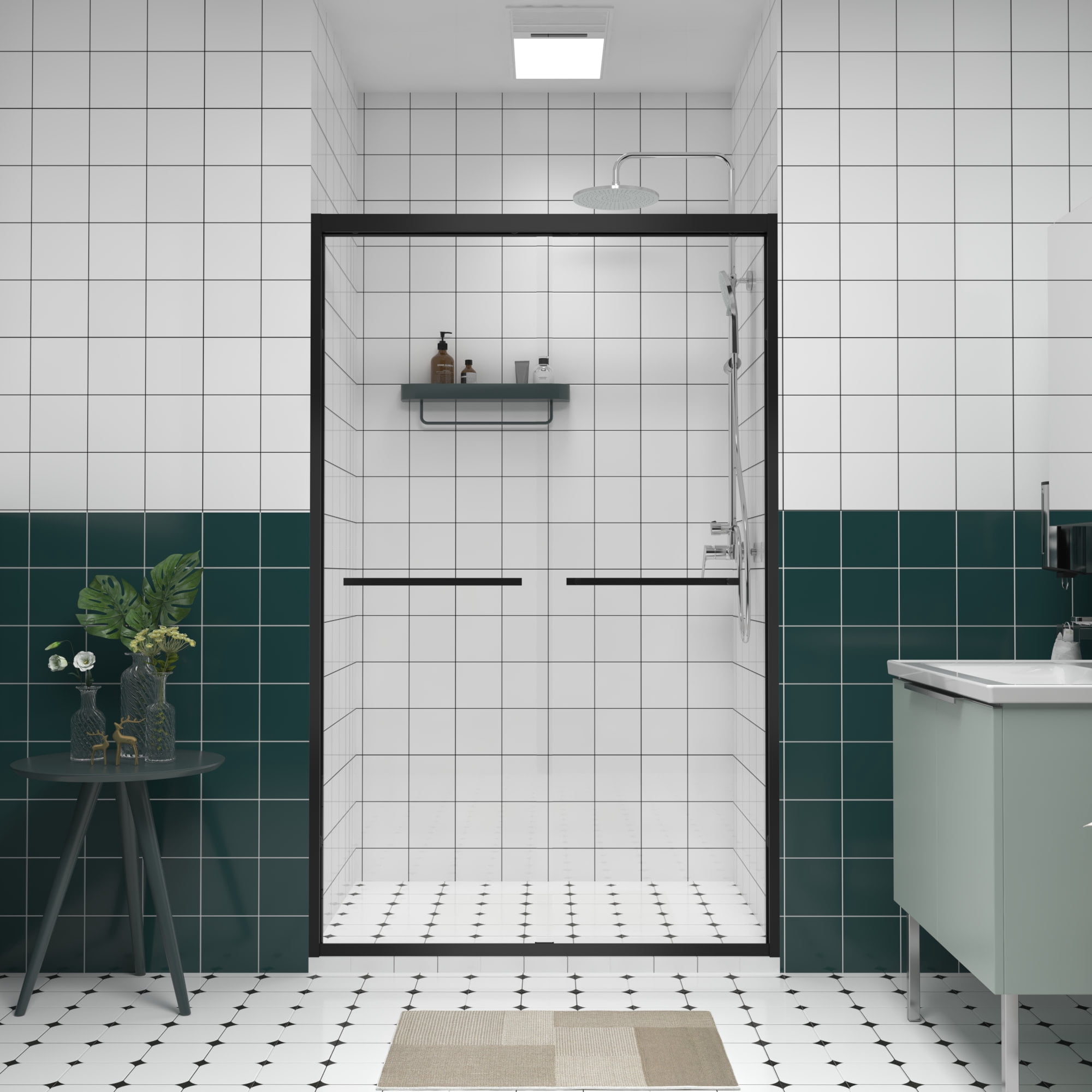 Leumius 44-48"x76" Double Sliding Shower Door,Aluminum Frame,Premium 1/4" (6mm) Clear Tempered Glass, Black Hardware Sliding Glass Shower Enclosure,Matte Black Finished