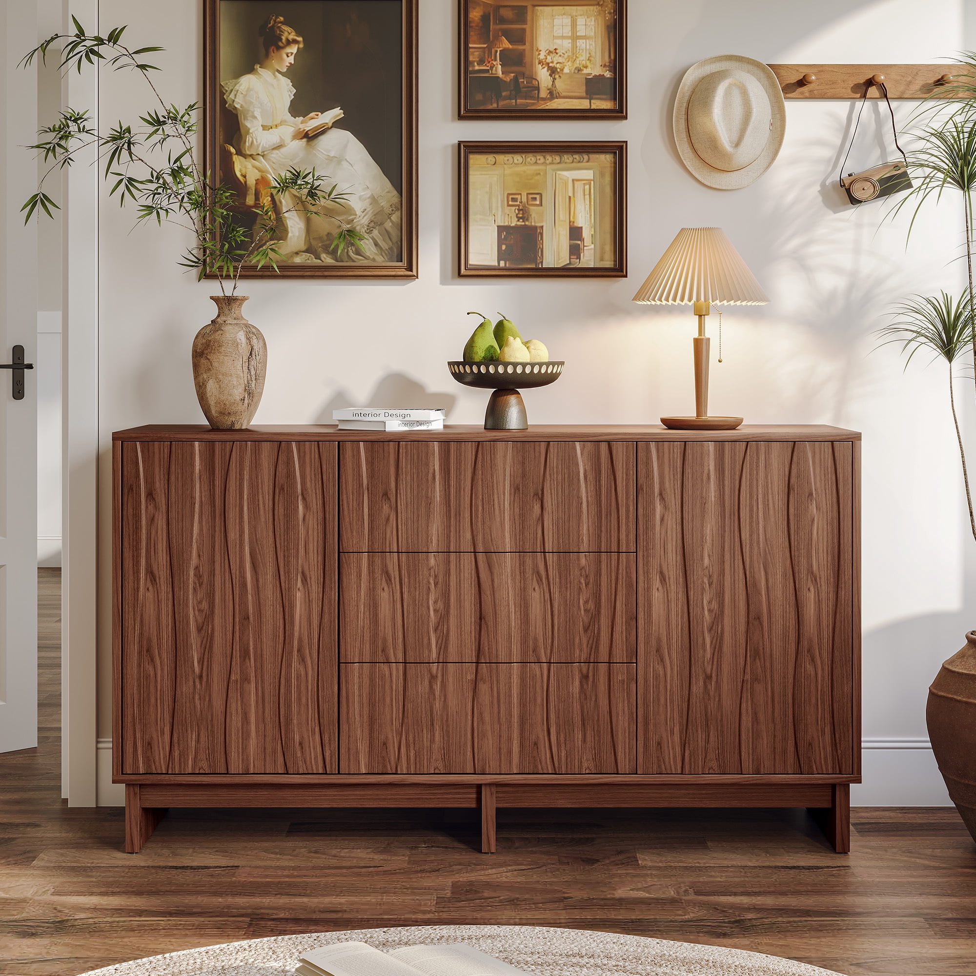 Leumius 47.2" Buffet Sideboard with 2 Doors and 3 Drawers, Walnut Finish with Stripe Grain Texture, Farmhouse Storage Cabinet for Dining Room Living Room Hallway