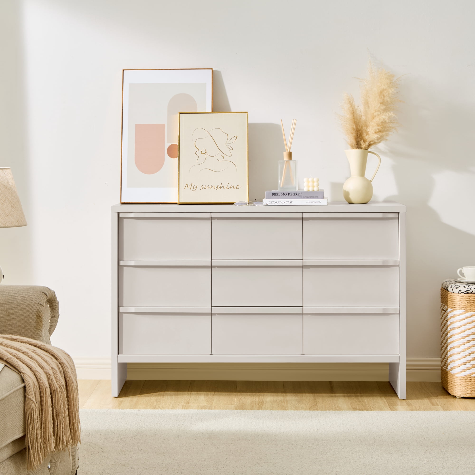 Leumius 47.3" Modern Sideboard Buffet Cabinet, Accent Console Table with 2 Doors, 3 Drawers and Solid Wood Handles, Multipurpose Storage Cabinet for Kitchen, Dining Room and Living Room White