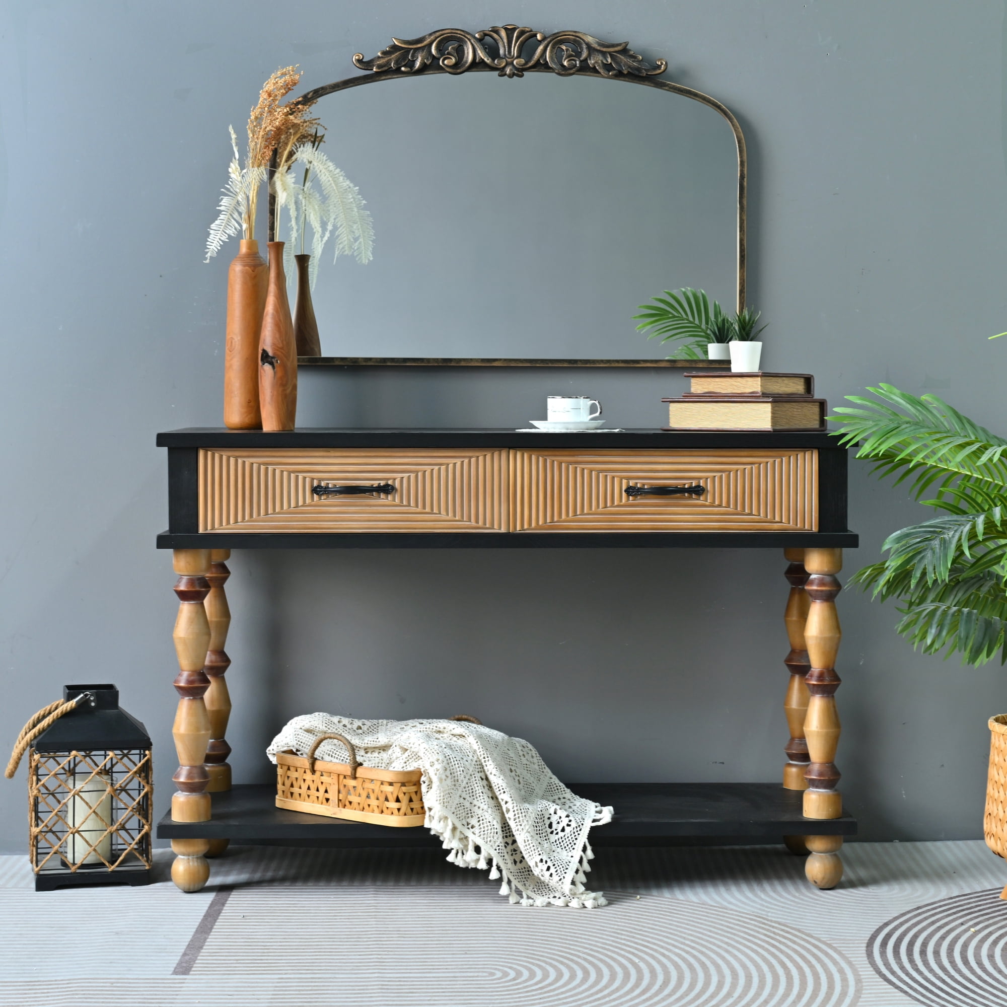 Leumius 47.64" Accent Rustic Carved Table, Rectangle Solid Wooden Console Table with Open Shelf and 2 Drawers for Kitchen, Dining Room, Living Room