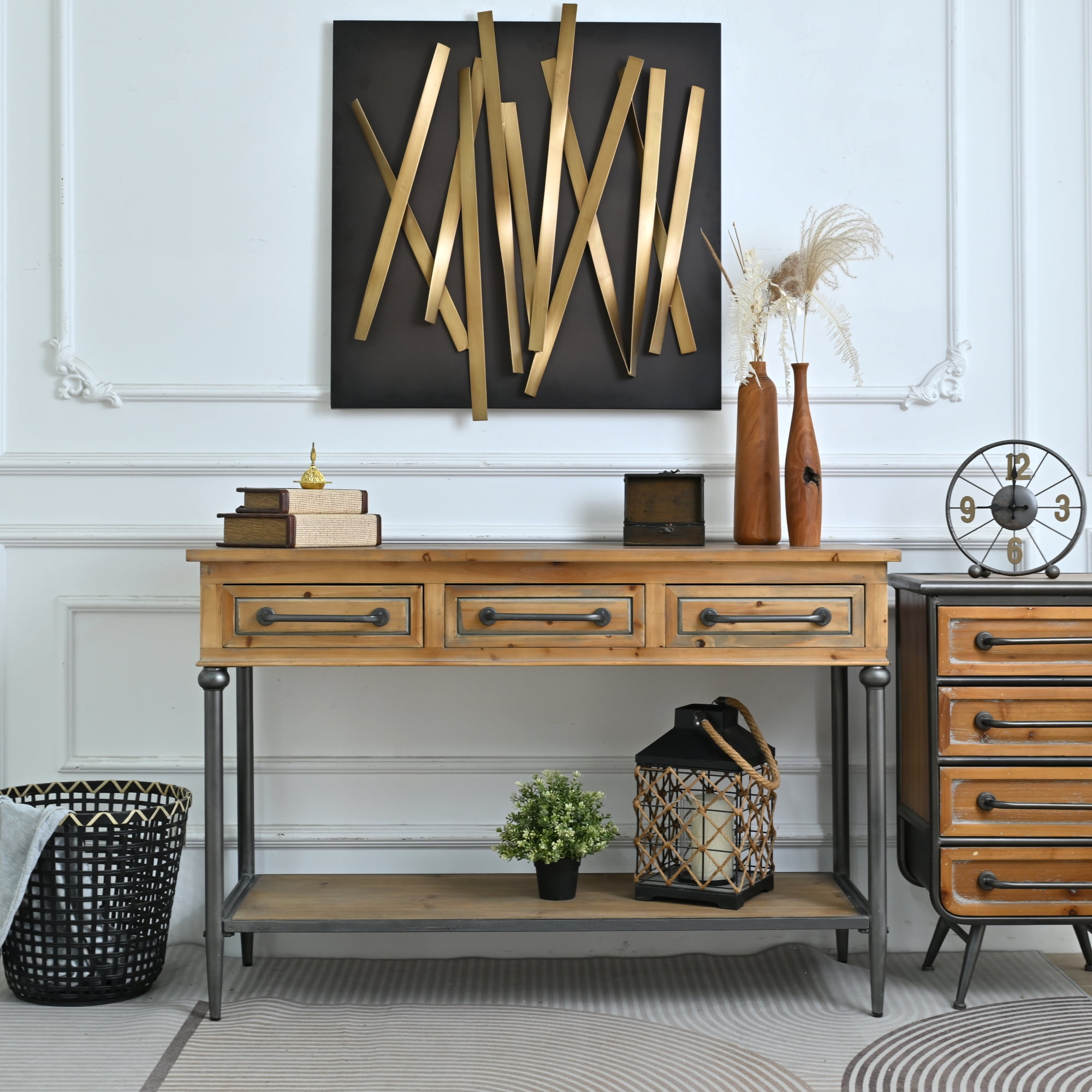 Leumius 48.03" Accent Rustic Storage Console Table, Rectangle Solid Wooden Top Metal Leg Console Table with Open Shelf and 3 Drawers for Living Room