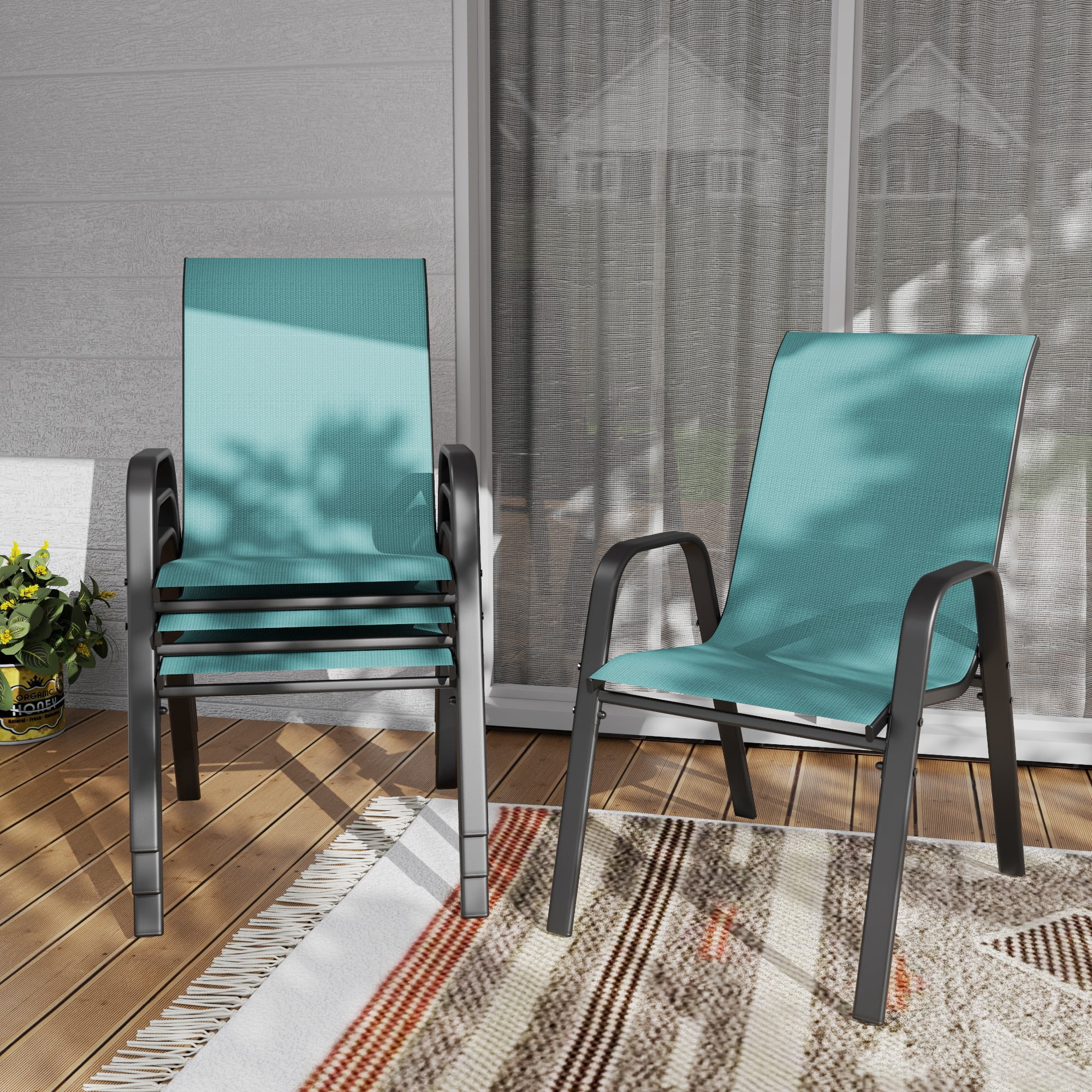 Leumius 4pcs Patio Dining Chairs with Armrest,Textilene Outdoor Dining Chair for All Weather,Stackable Armrest Chairs for Backyard,Deck,Garden,Sky Blue