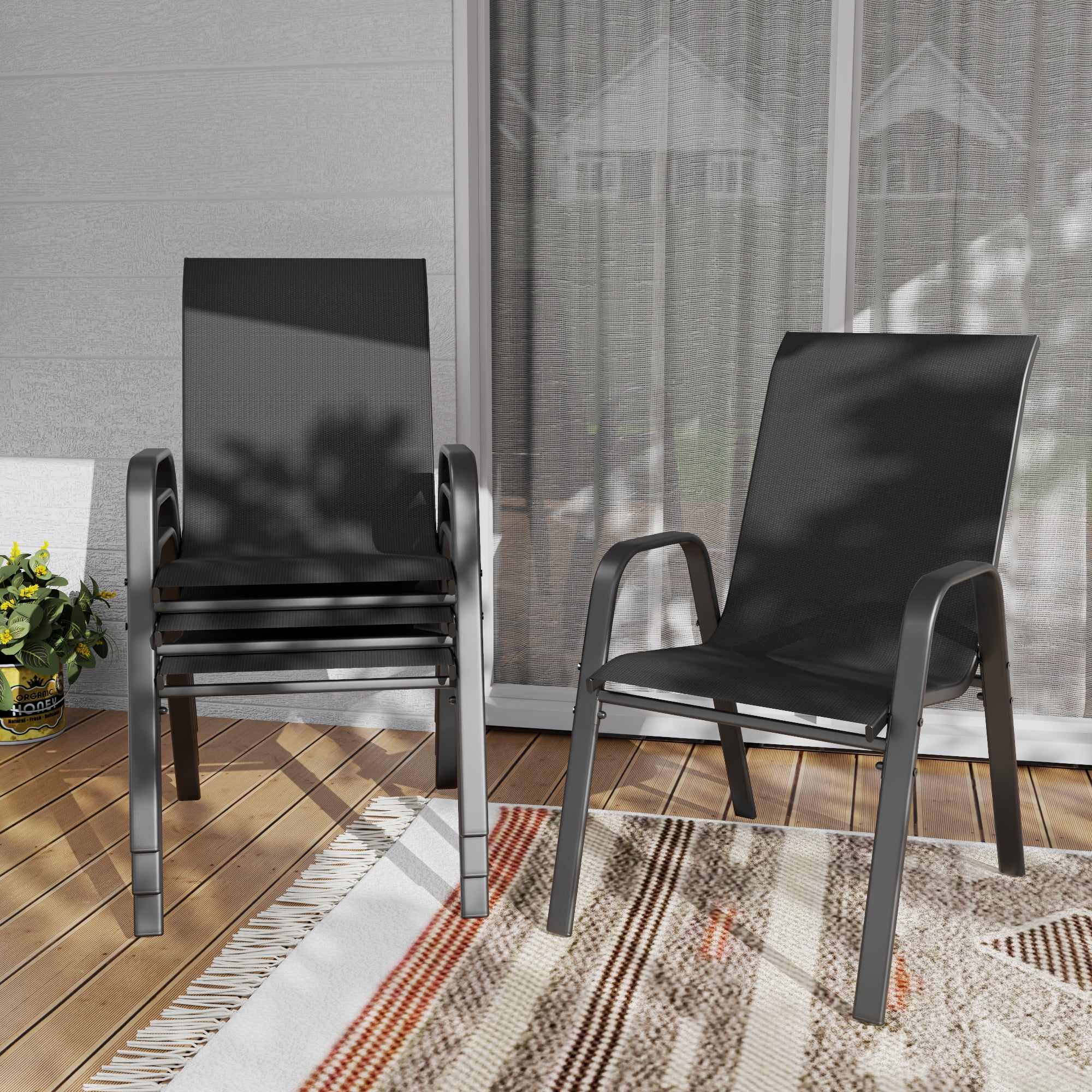 Leumius 4pcs Patio Dining Chairs with Armrest,Textilene Outdoor Dining Chair for All Weather,Stackable Armrest Chairs for Backyard,Deck,Garden,Black