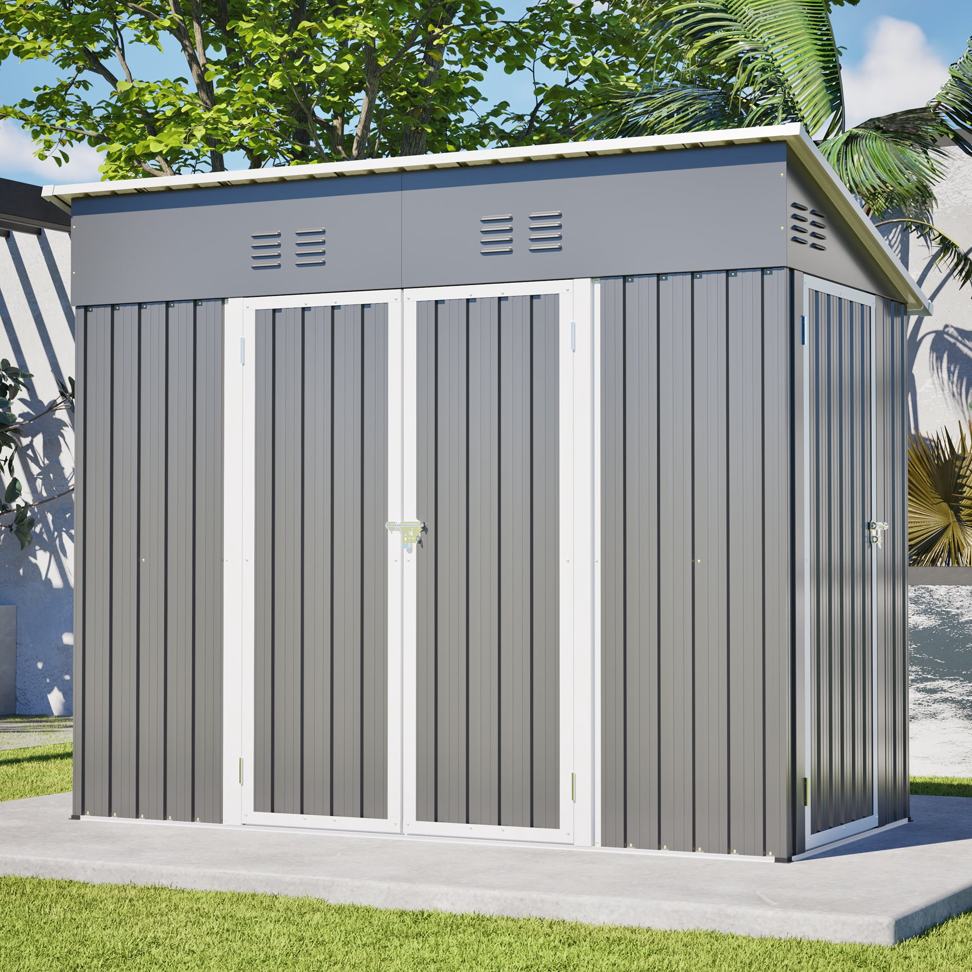 Leumius 4x8 FT Slope-Roof Reinforced Storage Shed with Weatherproof Sloping Roof and 4 Air Vents,Left/Right Optional Door, Outdoor Tool Shed Warehouse for Garden Storage Pet House