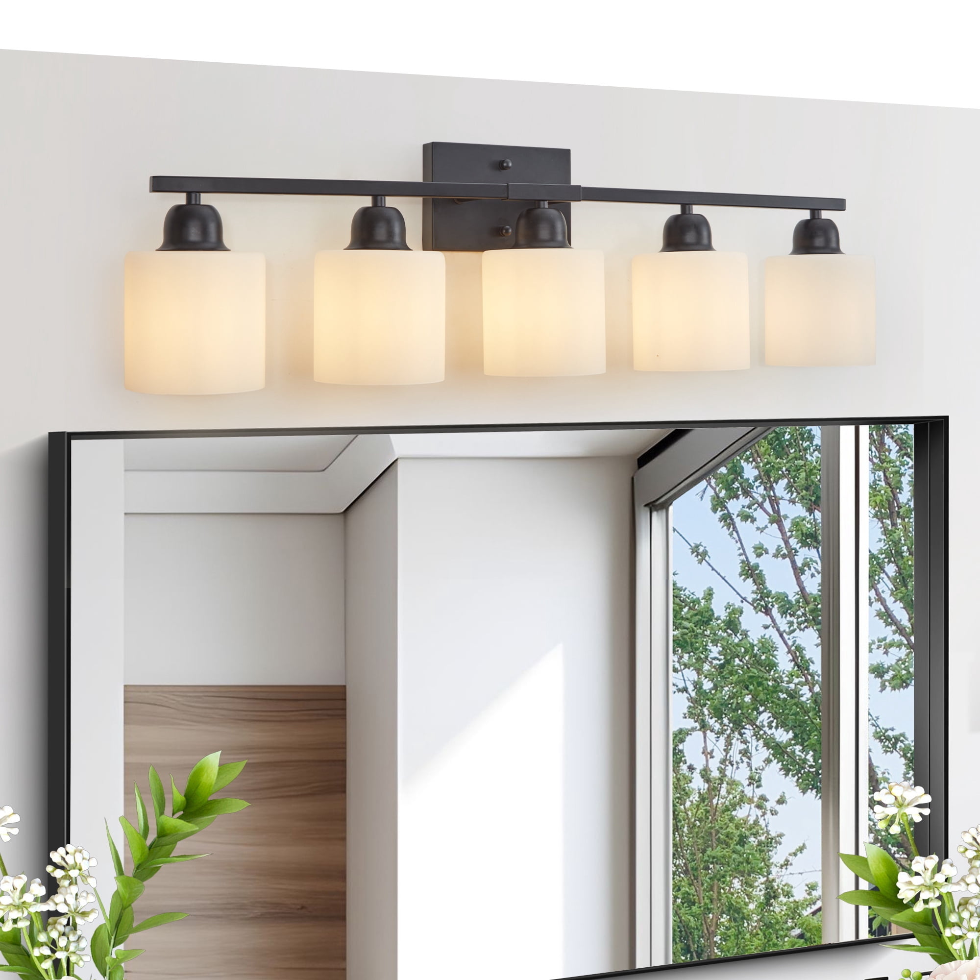 Leumius 5-Light Bathroom Vanity Light Fixture, Modern Vanity Light Over Mirror, Wall Sconces with Milky White Frosted Glass Shades for Mirror, Bathroom, Bedroom and Hallway Black (No Bulbs)