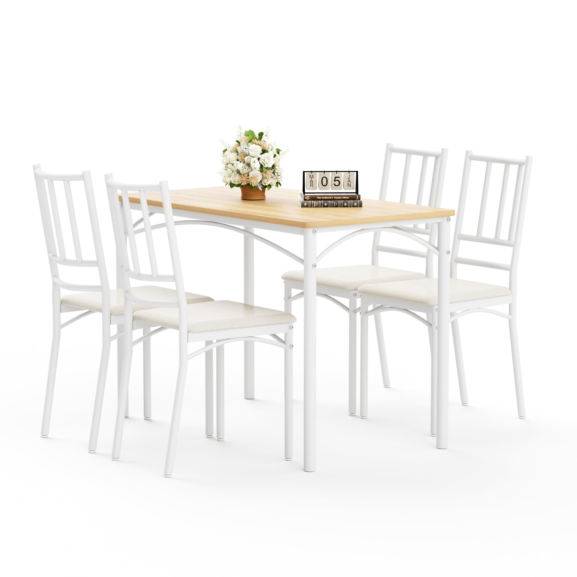 Leumius 5 Piece Dining Table Set,Modern Wood & Metal Bar Table Set with 4 Dining Chairs,Industrial Kitchen Breakfast Table for Living Room, Party Room,43.3″L x23.6″W x 30.1″H,Natural and White