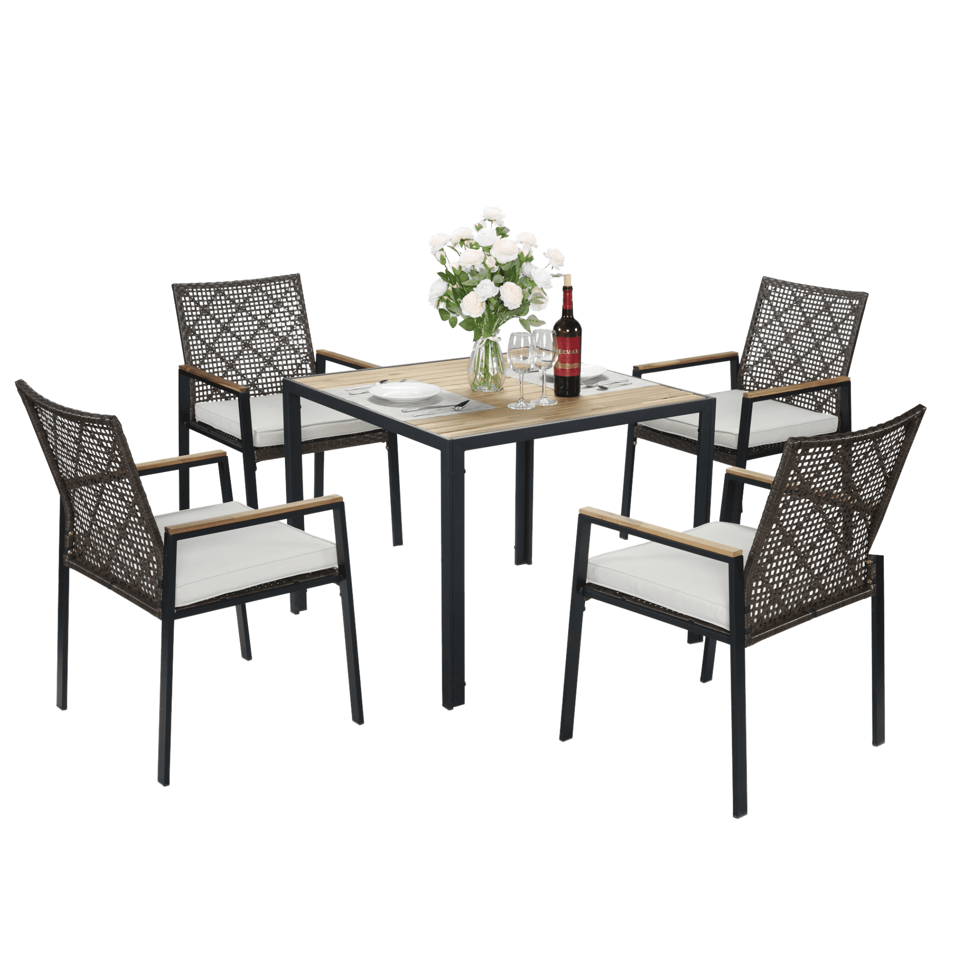 Leumius 5 Piece Patio Dining Set,All Weather Outdoor Dining Table Set with 4 Cushion Chairs,Patio Conversation Set with Acacia Wood Table Top and Umbrella Hole,Dark Brown