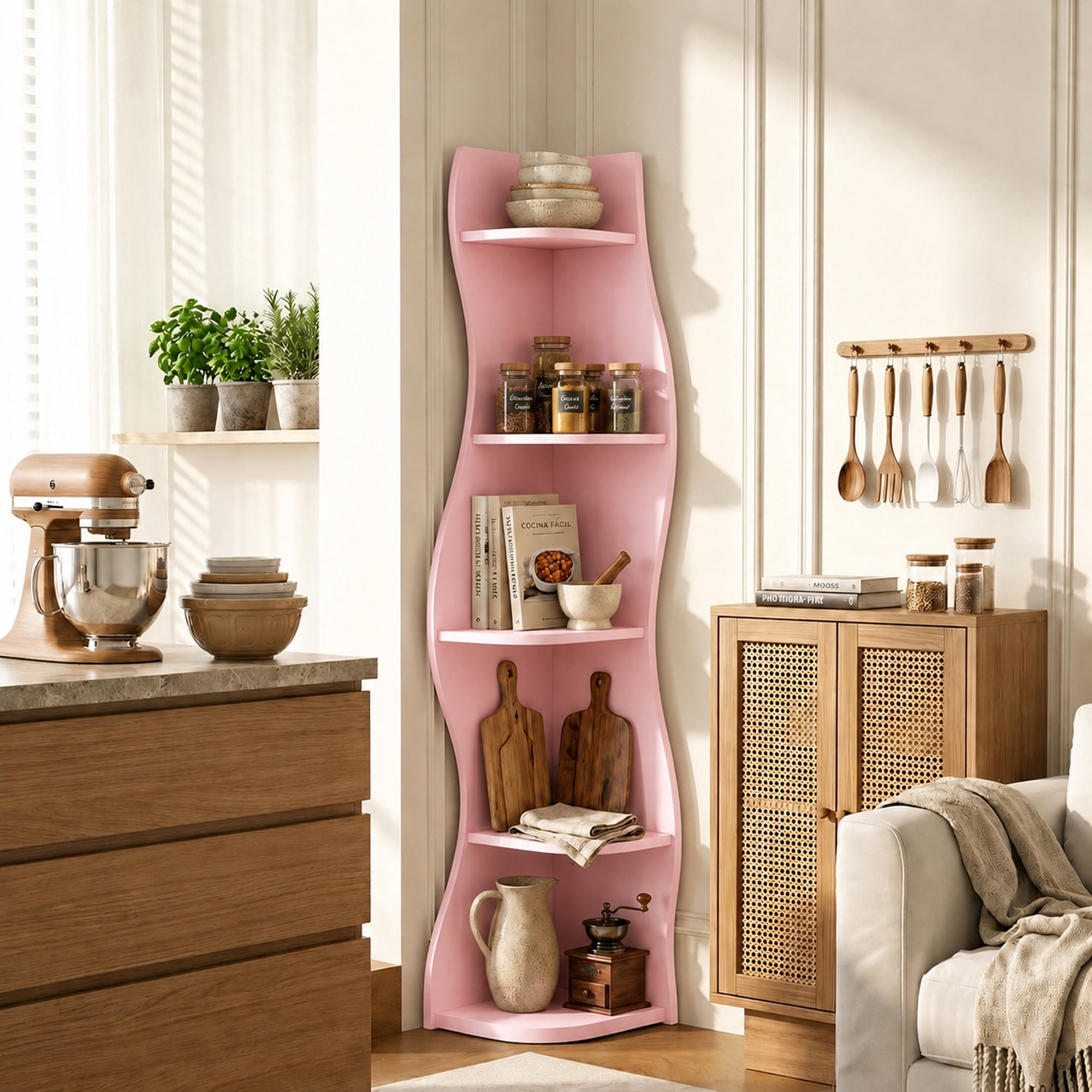 Leumius 5-Tier Bookshelf,Freestanding S-Shaped Corner Shelf Curved Display Rack,Space-Saving Corner Display Bookshelf/Plant Stand for Living Room Home Office,Pink
