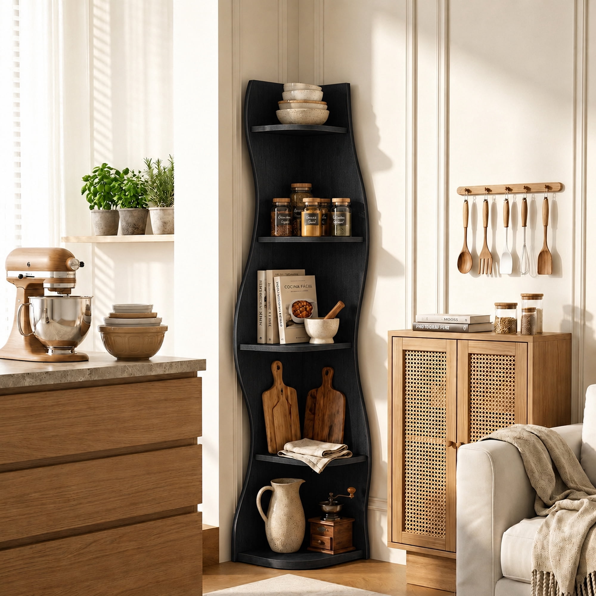 Leumius 5-Tier Bookshelf,Freestanding S-Shaped Corner Shelf Curved Display Rack,Space-Saving Corner Display Bookshelf/Plant Stand for Living Room Home Office,Black