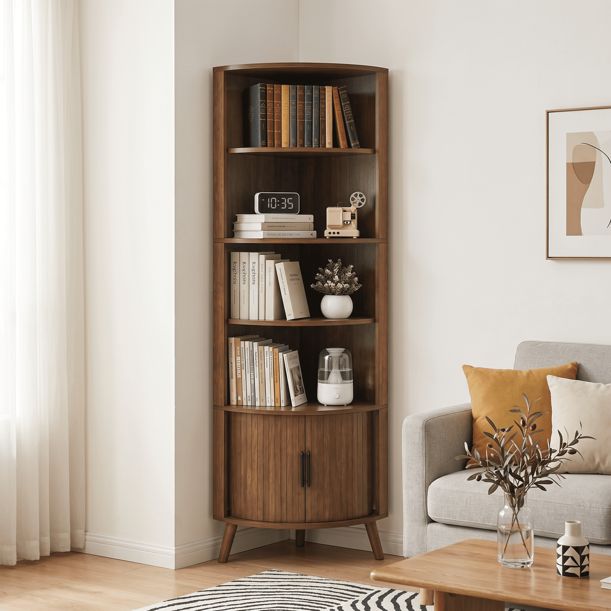 Leumius 5-Tier Corner Bookshelf, Freestanding Wood Corner Shelf with Sliding Doors & Open Shelves, Saving Space, Modern Corner Storage Cabinet for Living Room, Kitchen, Office (Walnut)