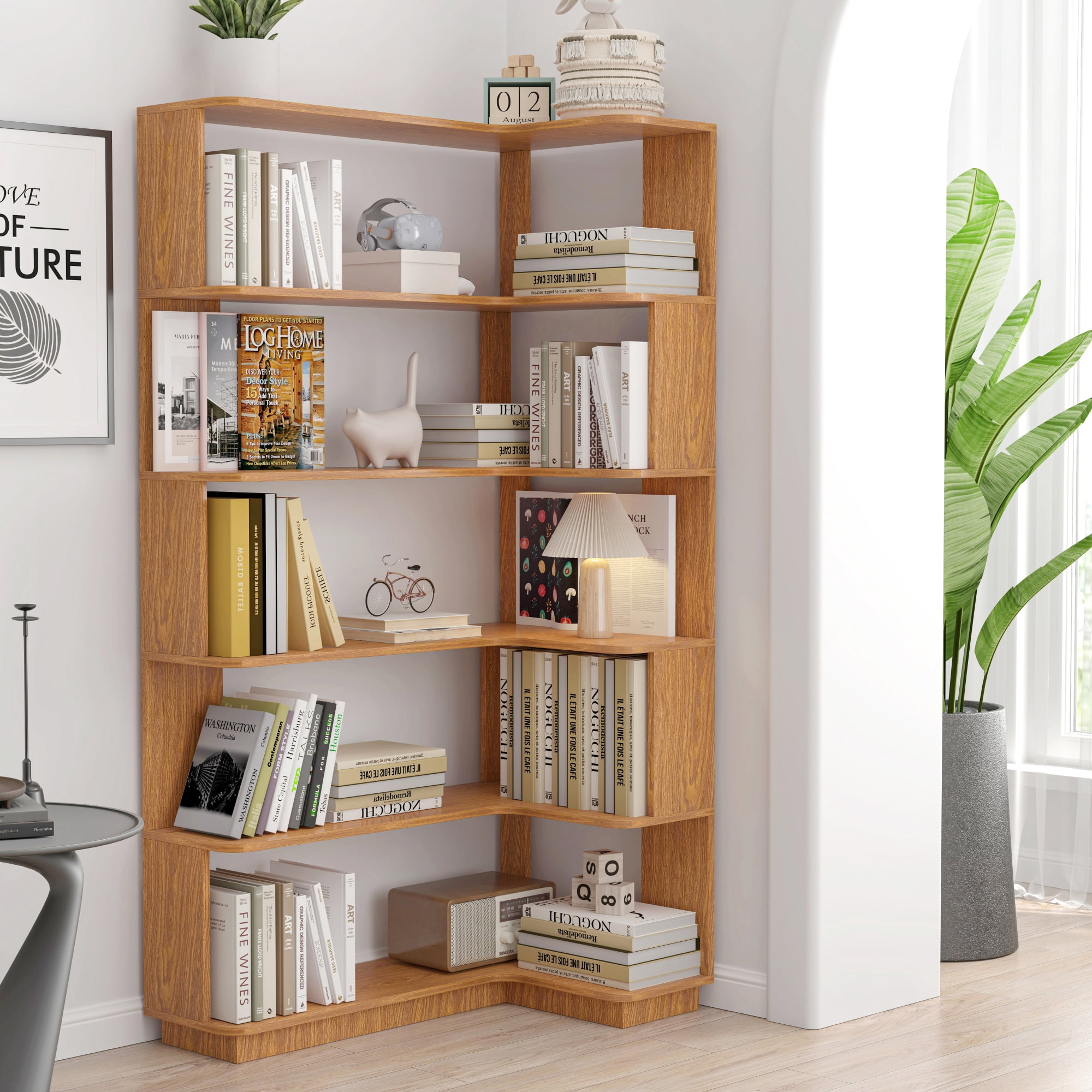Leumius 5 Tier Freestanding Bookshelf,Wooden L-Shaped Corner Bookcase with Anti-drop Panel and Anti Tipping Device, Display shelf Open Storage,Dark Oak