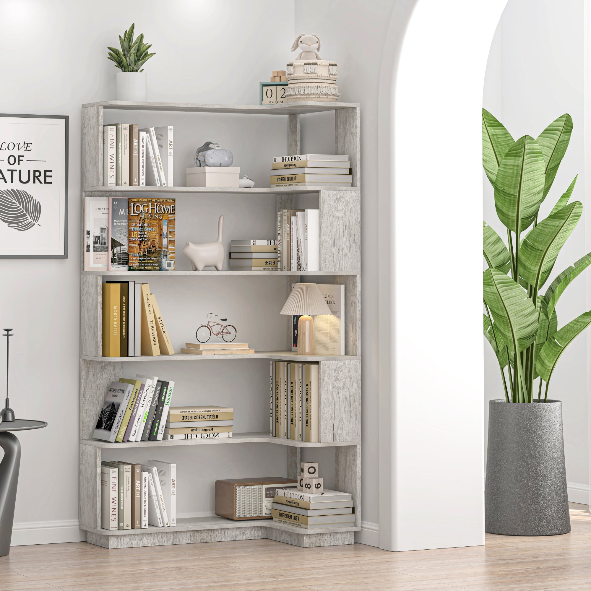 Leumius 5 Tier Freestanding Bookshelf,Wooden L-Shaped Corner Bookcase with Anti-drop Panel and Anti Tipping Device, Display shelf Open Storage,Light Gray