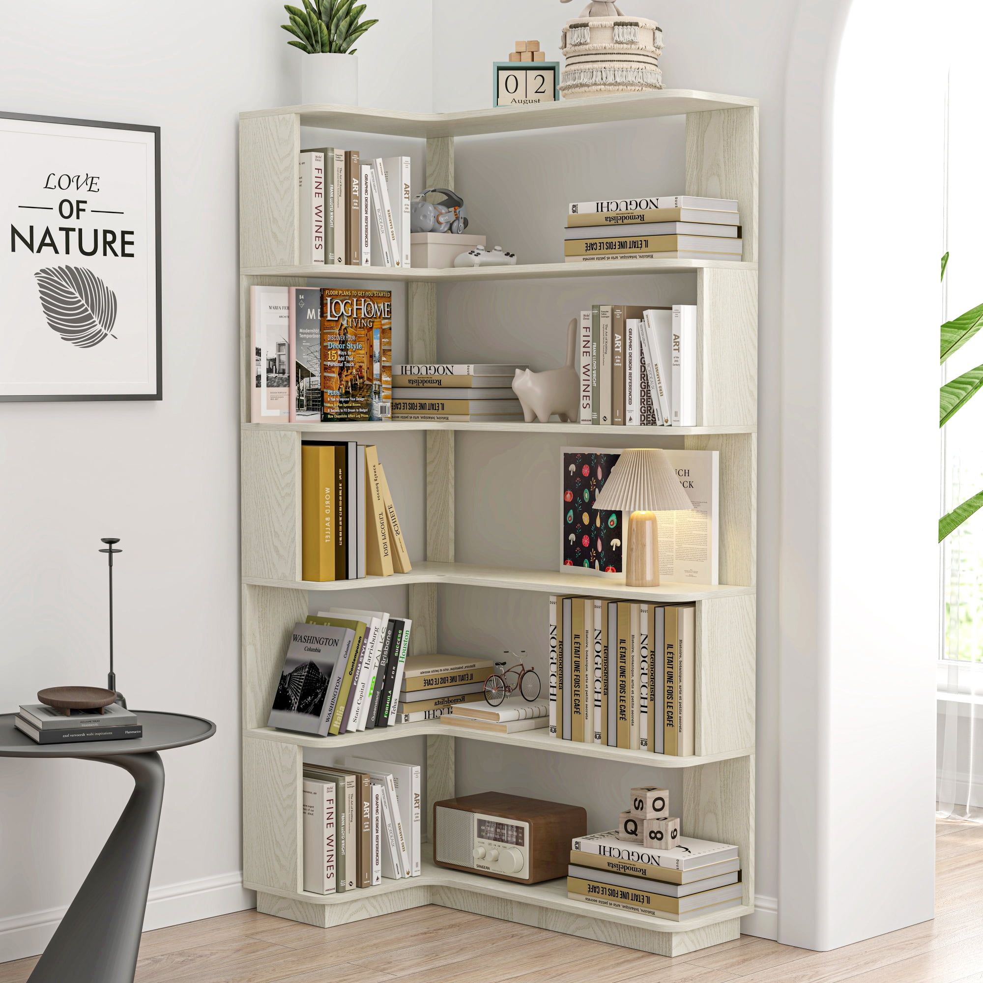 Leumius 5 Tier Freestanding L-Shaped Corner Bookshelf,Wooden Bookcase with Anti-drop Panel and Anti Tipping Device, Display shelf Open Storage,White
