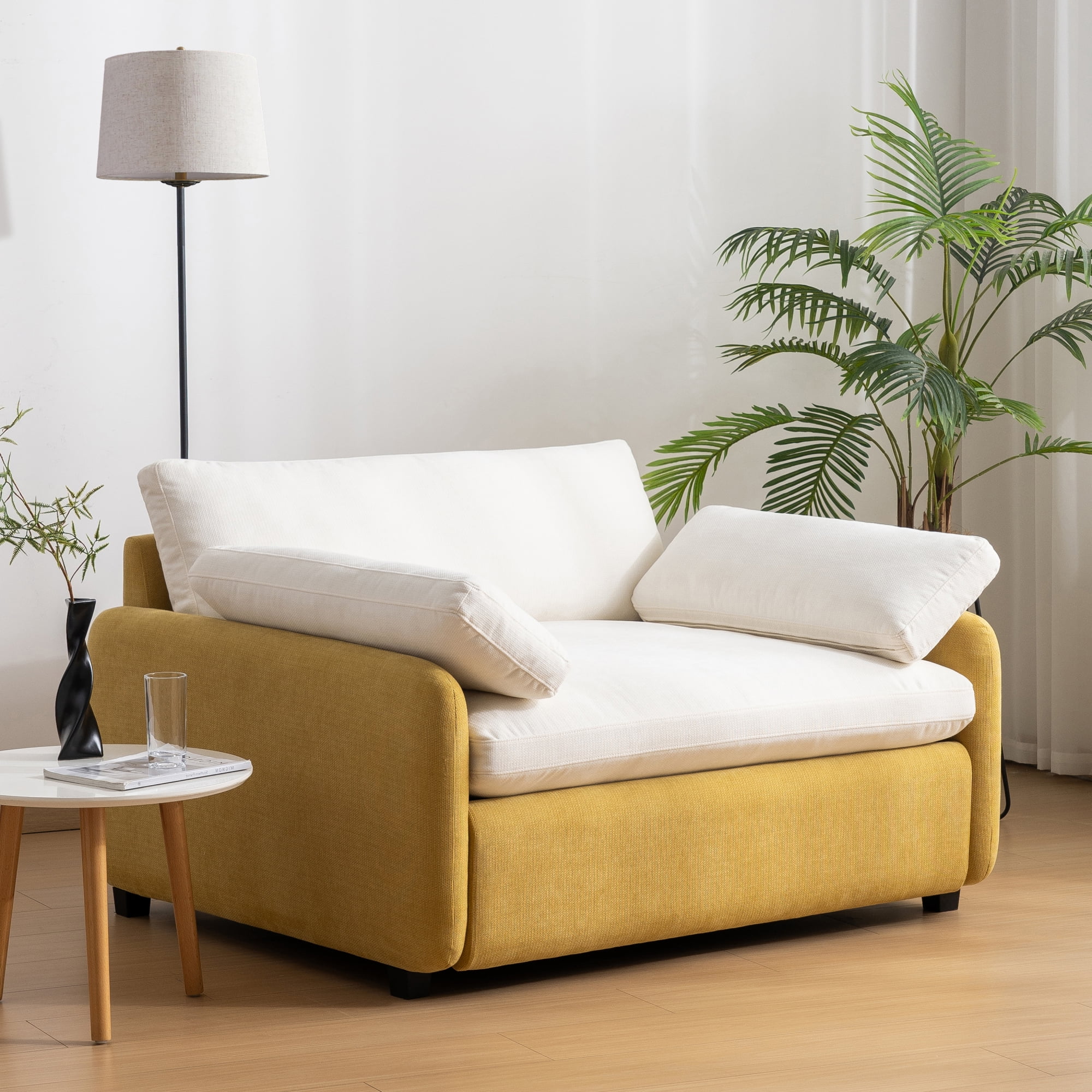 Leumius 50" Oversized Single Sofa Chair, Chenille Accent Chair with Wide and Deep Seat, Upholstered Armchair with Pillows for Living Room,Apartment,Bedroom, Cream+Yellow