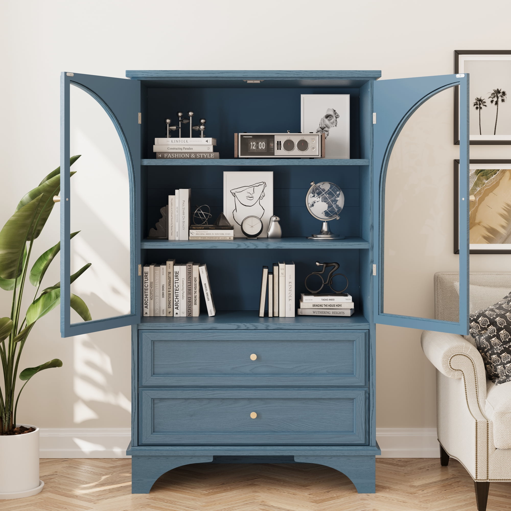 Leumius 52.17"H Glass Door Display Case Storage Cabinet with 2 Drawers and Adjustable Shelf, Spacious Storage Solutions, Curio Cabinet for Living Room, Bedroom, Kitchen and Office Blue