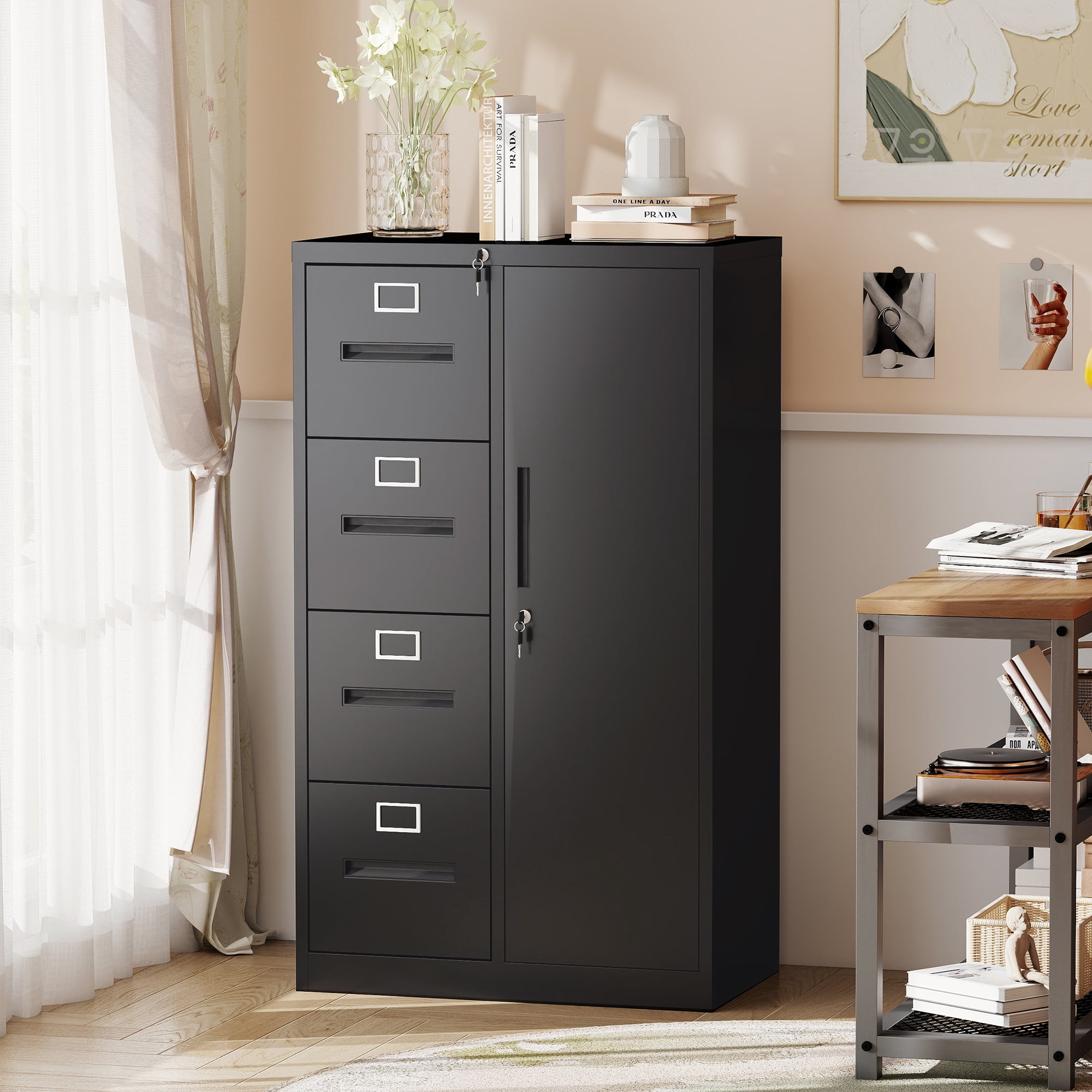 Leumius 52.4" Tall Metal Storage Cabinet with Lock,Freestanding Filing Cabinet Armoire Wardrobe Closet with 4 Drawers & Hanging Rod for Office,Living Room,School,Black