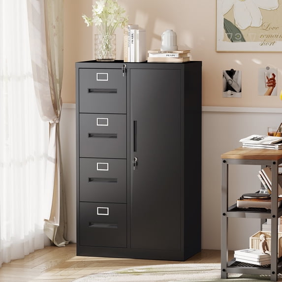 Leumius 52.4" Tall Metal Storage Cabinet with Lock,Freestanding Filing Cabinet Armoire Wardrobe Closet with 4 Drawers & Hanging Rod for Office,Living Room,School,Black