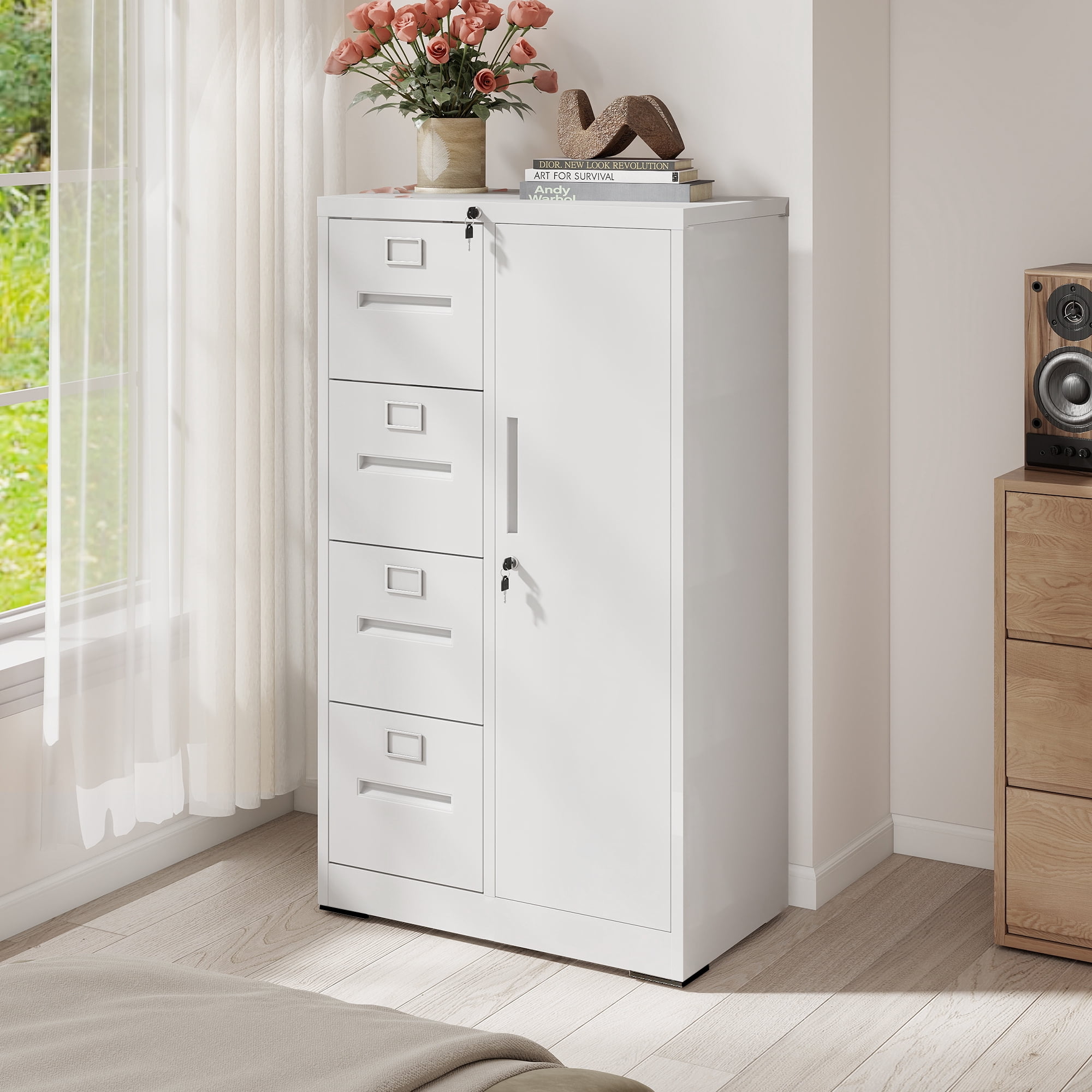 Leumius 52.4" Tall Metal Storage Cabinet with Lock,Freestanding Filing Cabinet Armoire Wardrobe Closet with 4 Drawers & Hanging Rod for Office,Living Room,School,White