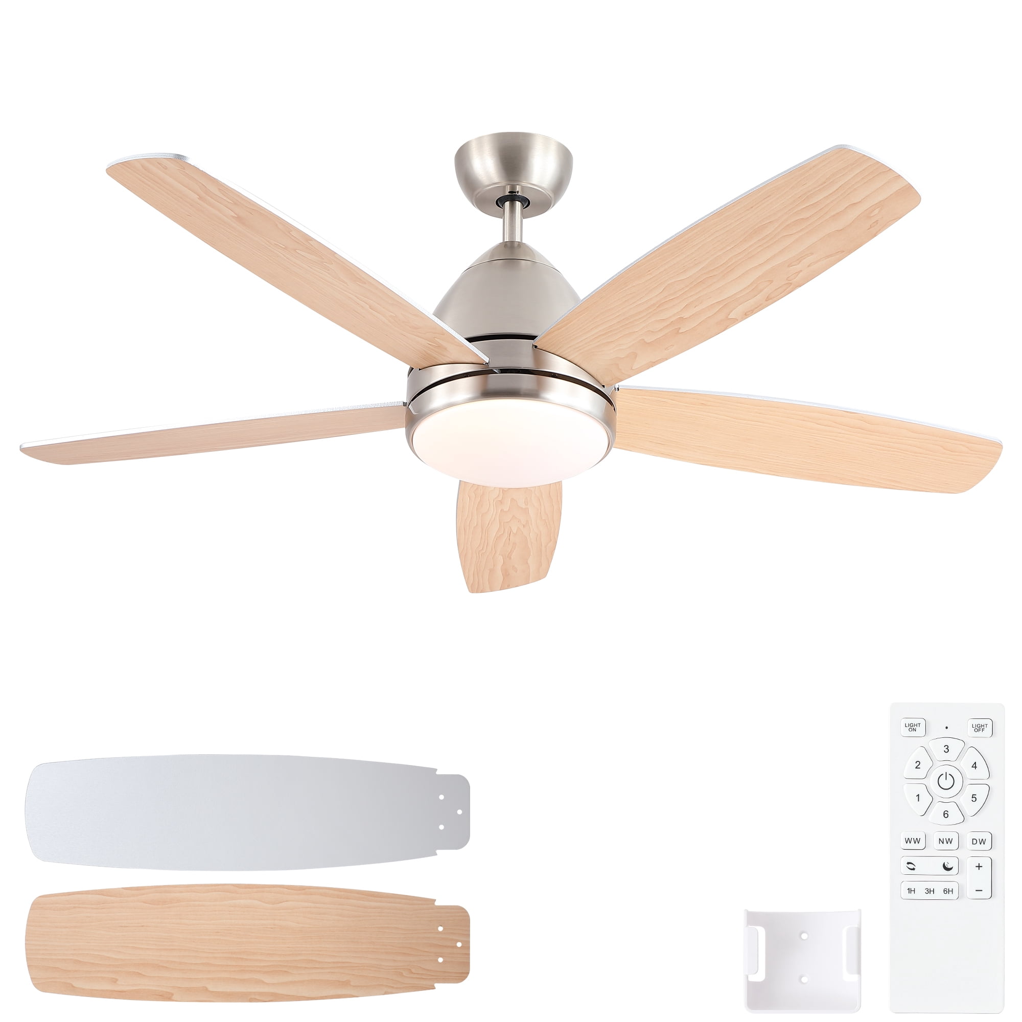 Leumius 52" Brushed Nickel Ceiling Fan with Intergrated LED Light Kit, Remote Control, 5 Plywood Blades and Work with Smart APP for Living Room Bedroom