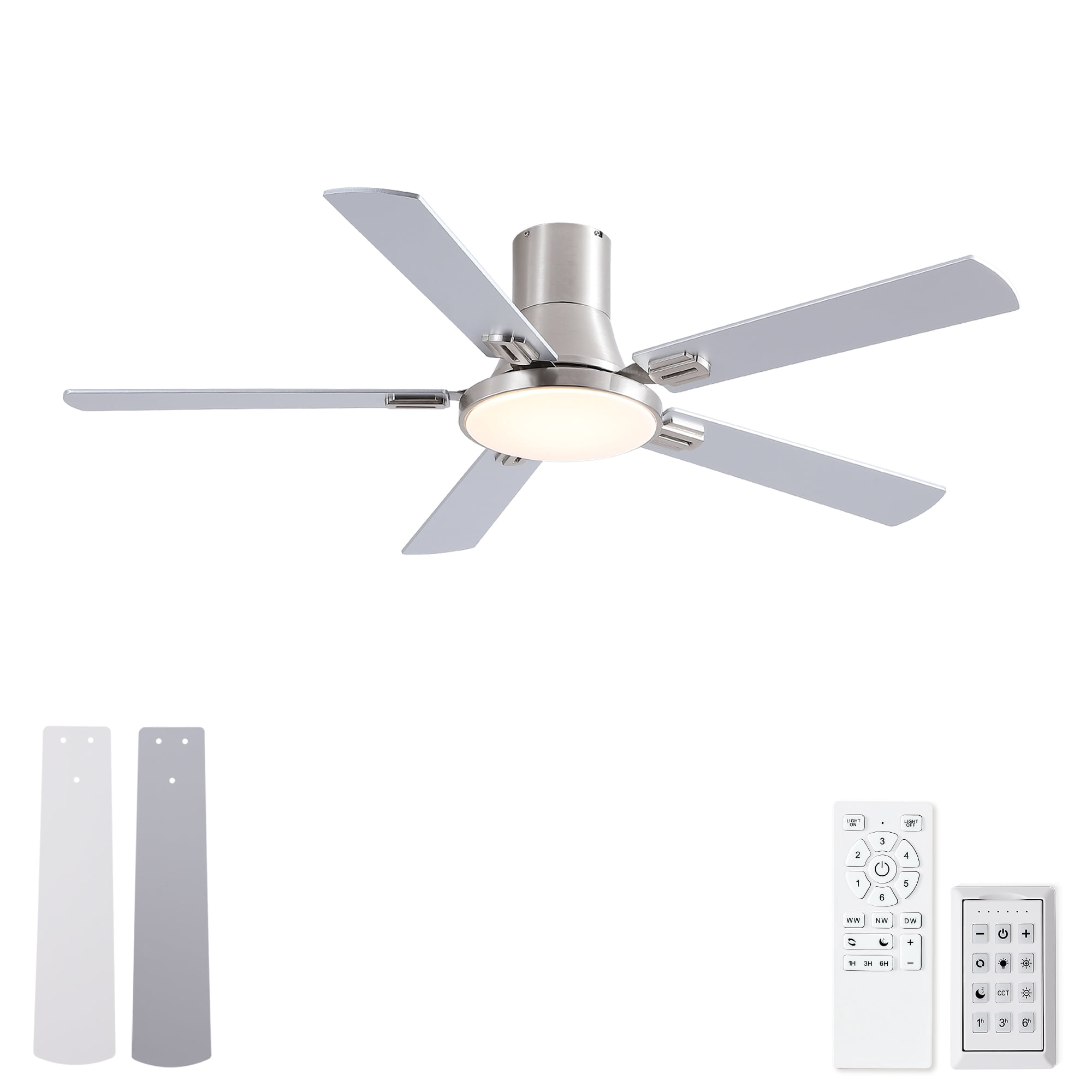 Leumius 52" Ceiling Fan with Lights and Remote, Mordern Minimalism Brushed Nickel Flush Mount Ceiling Fan with Light and Double-Sized Blades for Living Room Bedroom