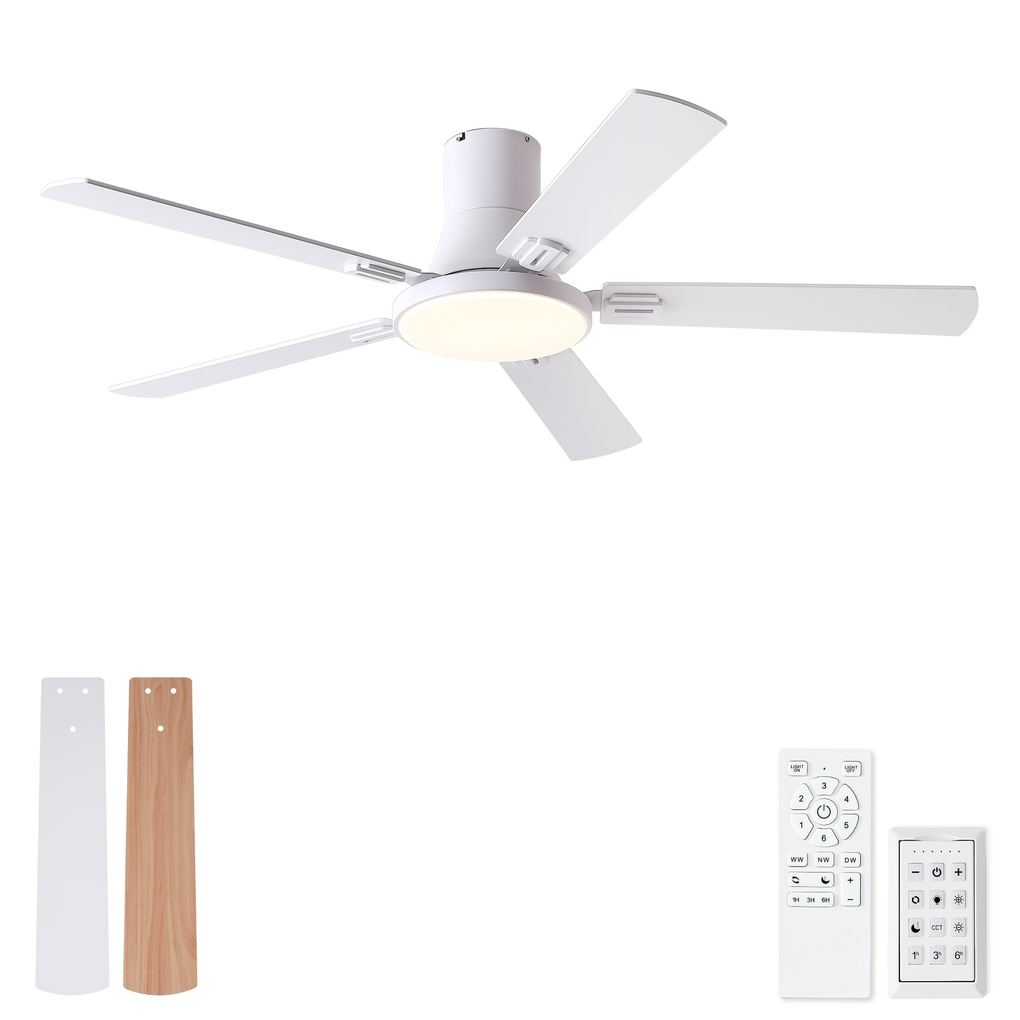 Leumius 52" Ceiling Fan with Lights and Remote, Mordern Minimalism White Flush Mount Ceiling Fan with Light and Double-Sized Blades for Living Room Bedroom