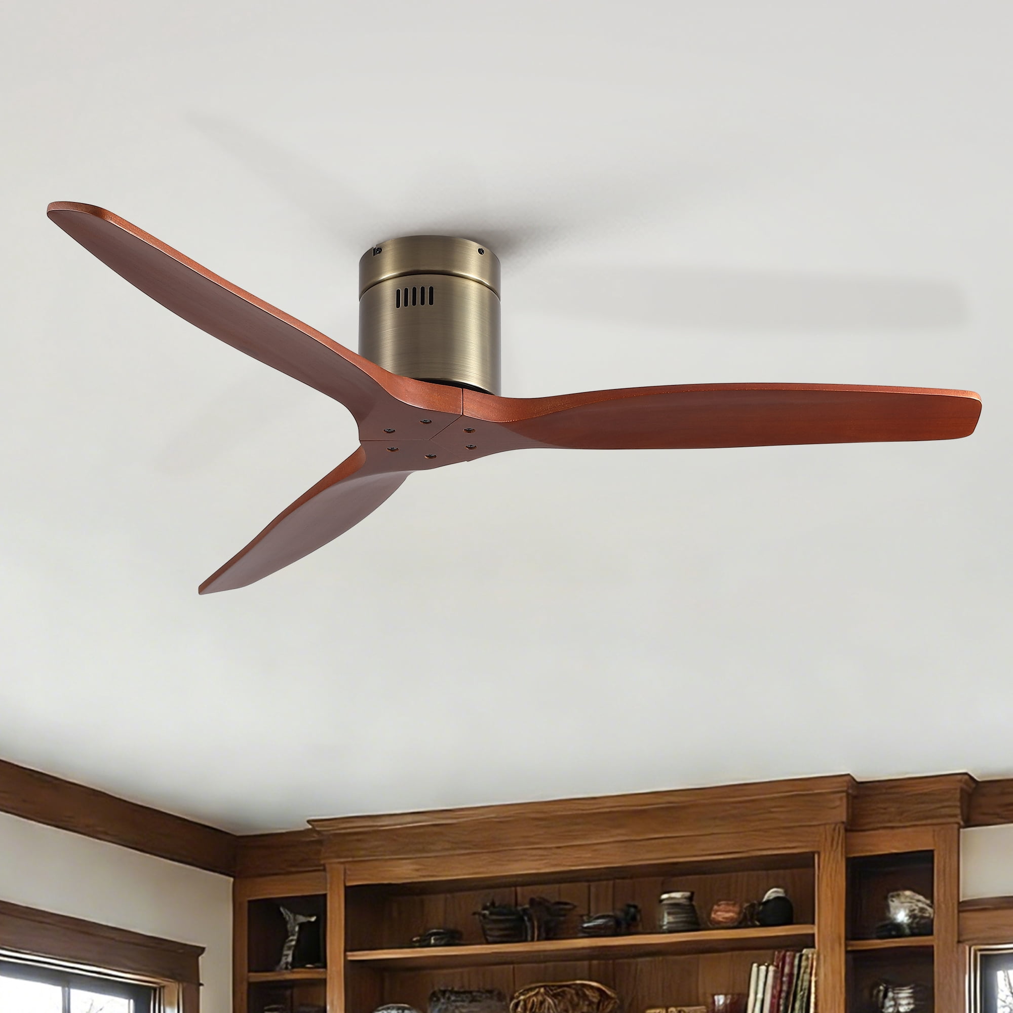 Leumius 52" Farmhouse Rustic Elegance Classical Solid Wood Low Profile Flush Mount Ceiling Fan without Light for Living Room Bedroom