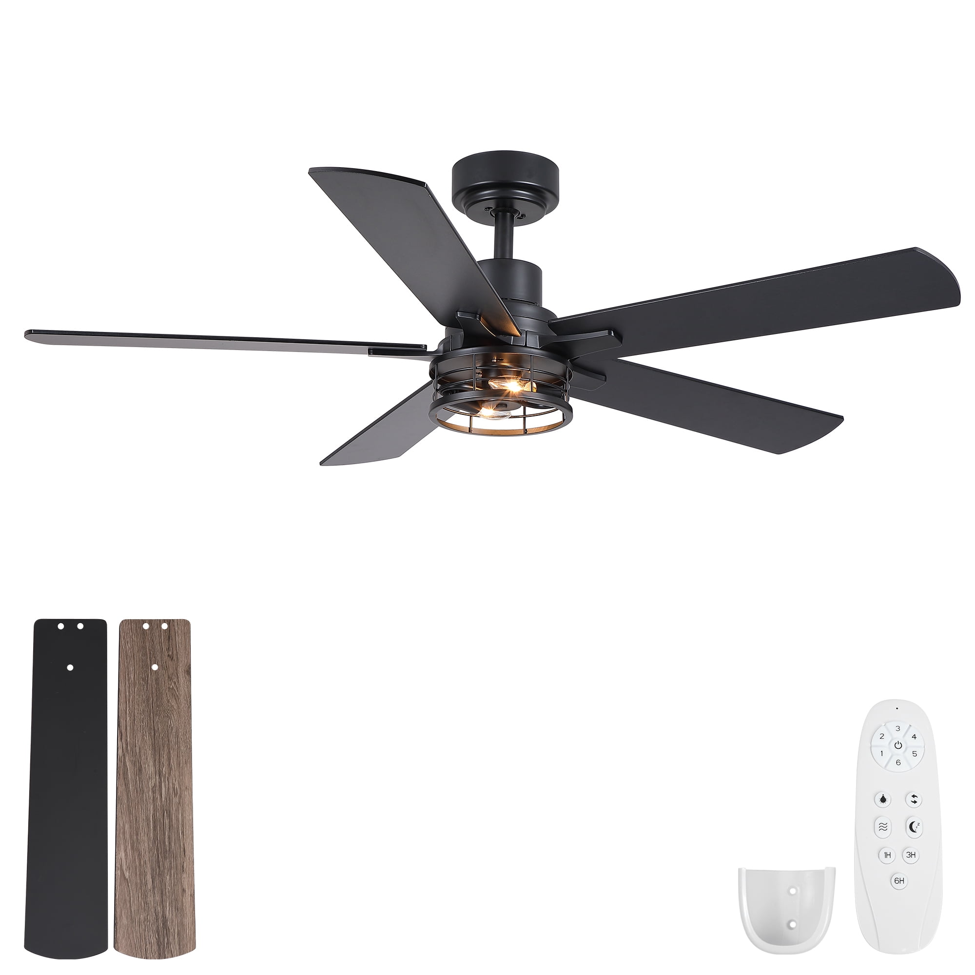 Leumius 52" Modern Farmhouse Industrial Ceiling Fan with Light, Reversible DC Motor, 6‑Speed Timer Remote, Metal Cage, E12 Compatible, Bulbs Not Included for Living Room Bedroom