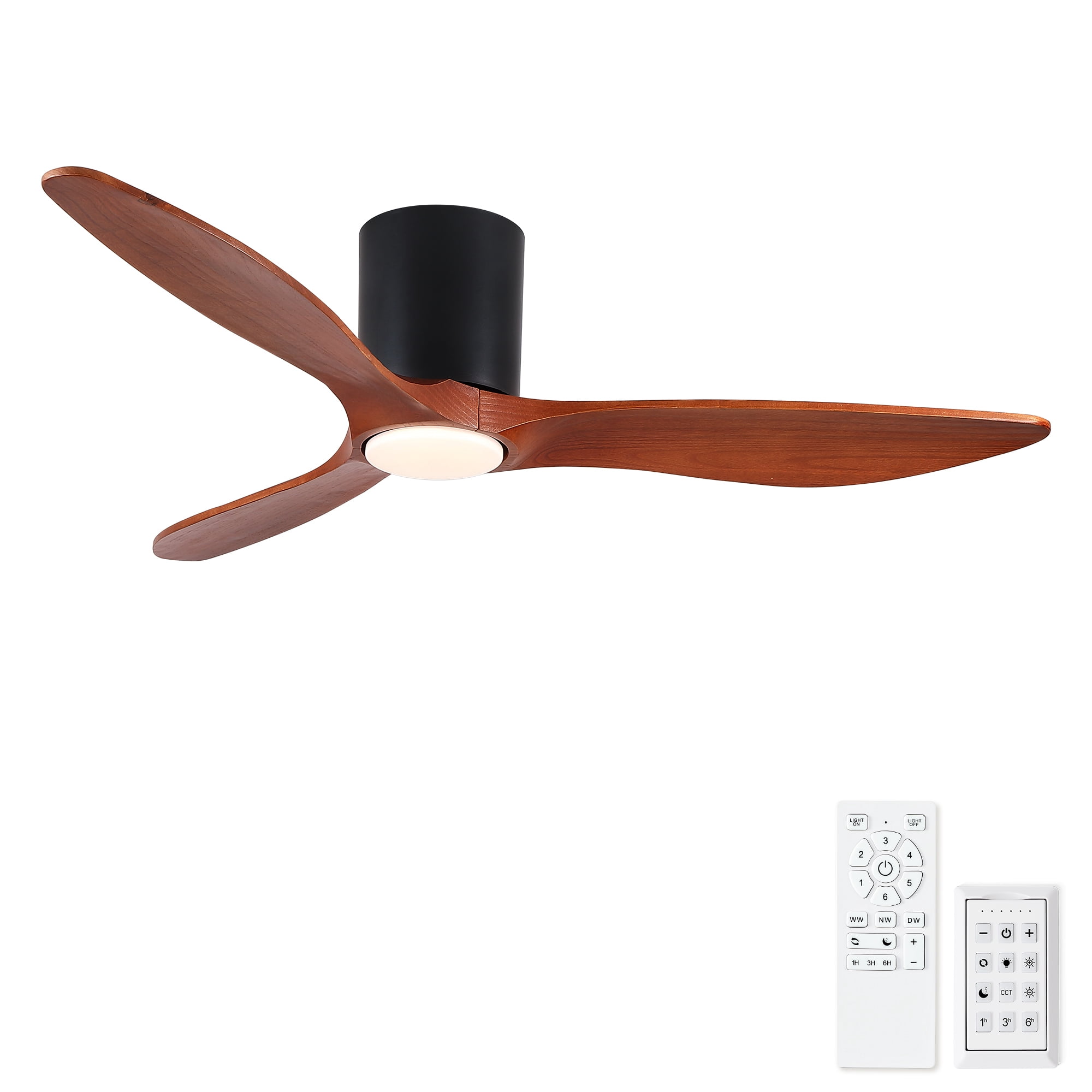 Leumius 52" Mordern Farmhouse Retro Solid Wood Low Profile Flush Mount Ceiling Fan with Light and Reversible Quiet Motor for Living Room Bedroom