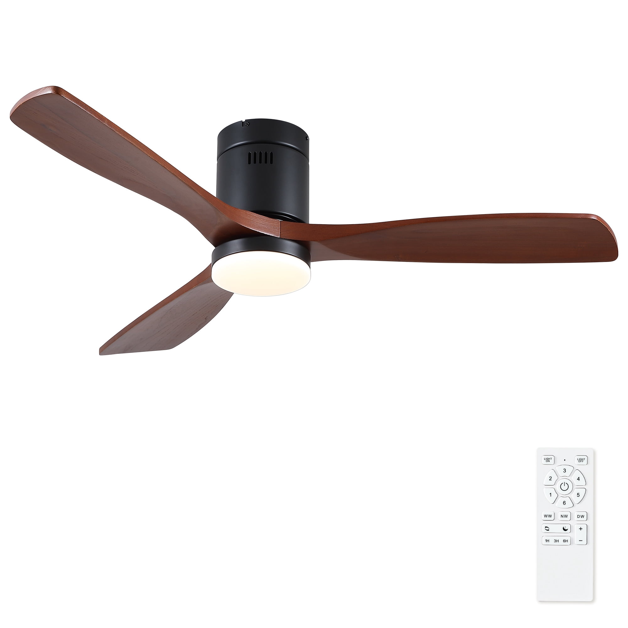 Leumius 52" Mordern Matte Black Farmhouse Retro Solid Wood Low Profile Flush Mount Intergrated LED Ceiling Fan with Light for Living Room Bedroom