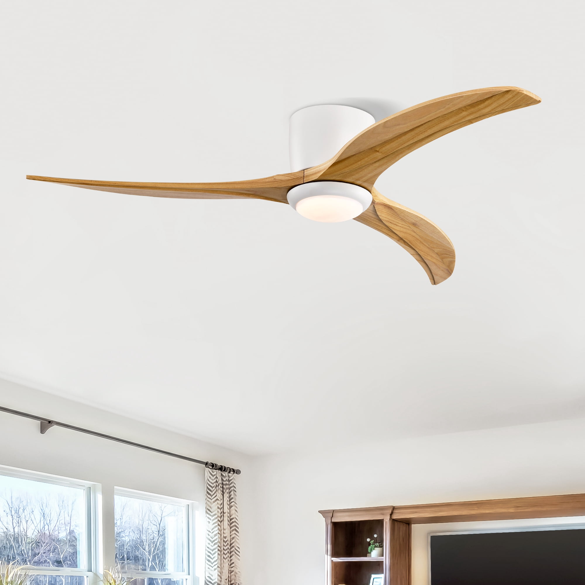 Leumius 52" Solid Wood Blades Ceiling Fan with Light and Remote Control, Noiseless Reversible Motor, 6 Speed for Patio Living Room, Bedroom White+Natural