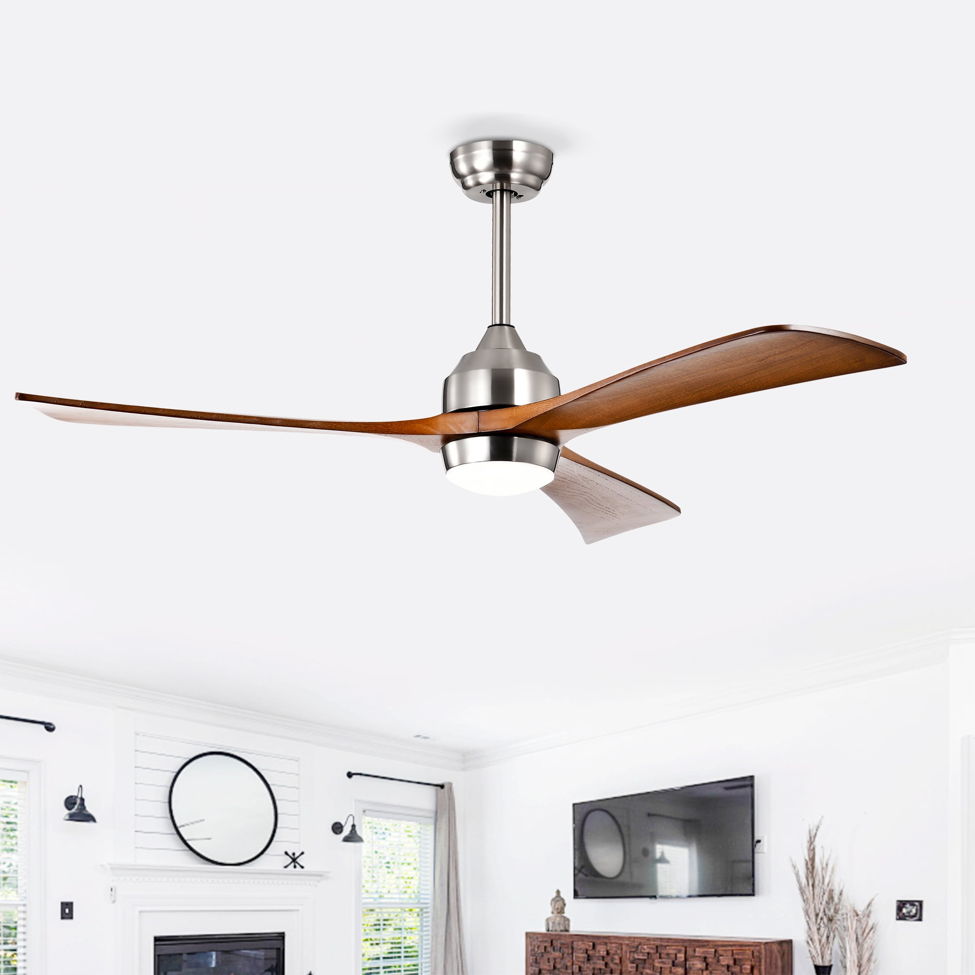 Leumius 52" Solid Wood Blades Ceiling Fan with Light and Remote Control,Quiet DC Motor 3 Blade Ceiling Fans 6 Speed Levels,Reversible for Patio Living Room Bedroom Office Nickel