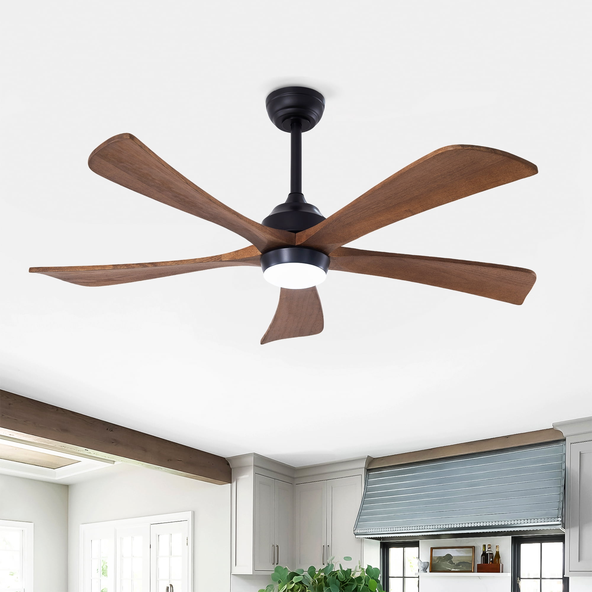 Leumius 52" Solid Wood Blades Ceiling Fan with Light and Remote Control,Quiet DC Motor 5 Blade Ceiling Fans 6 Speed Levels,Reversible for Patio Living Room Bedroom Office Black