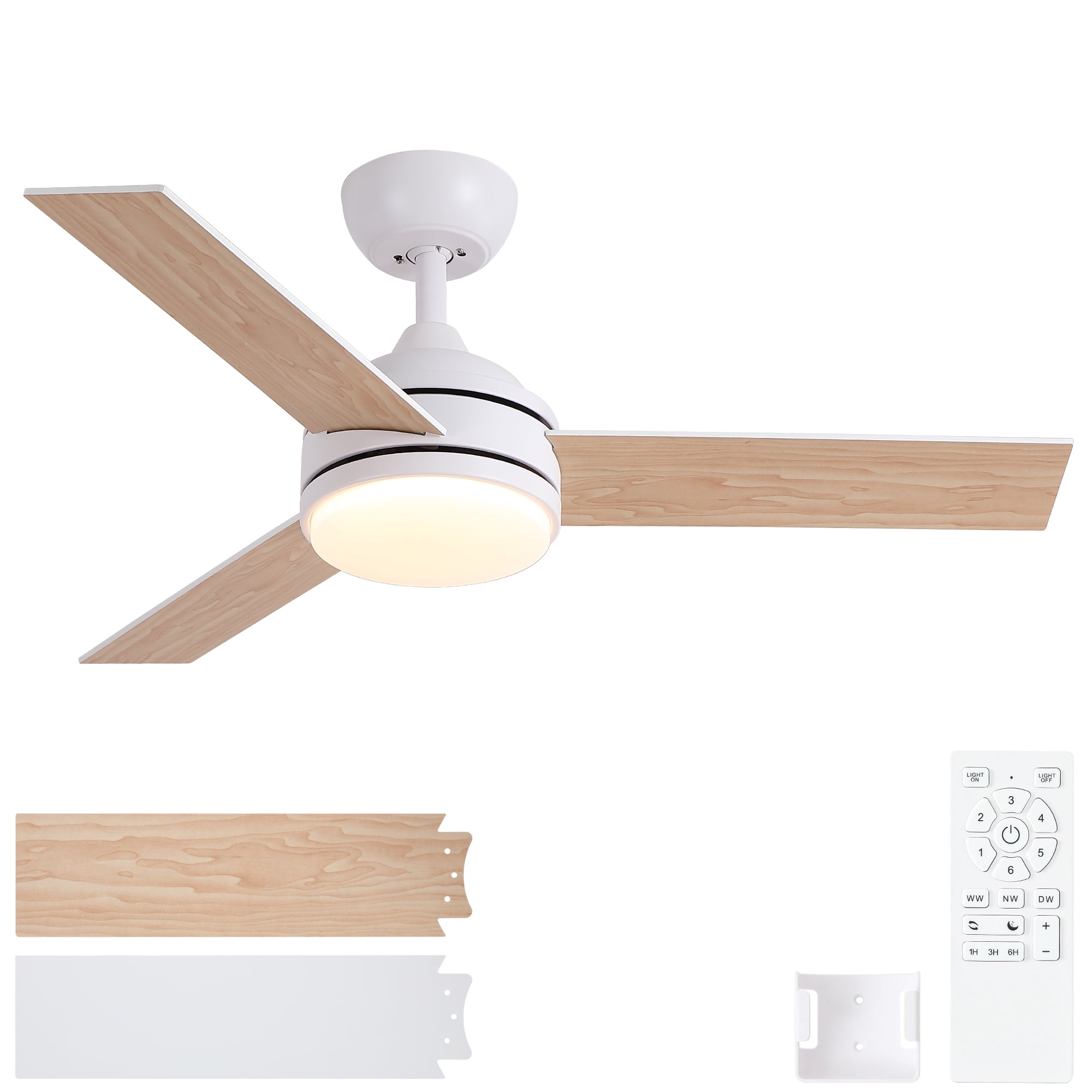 Leumius 52" White Ceiling Fan with Intergrated LED Light Kit with Remote Control, 3 Plywood Blades and Work with Smart APP for Living Room Bedroom