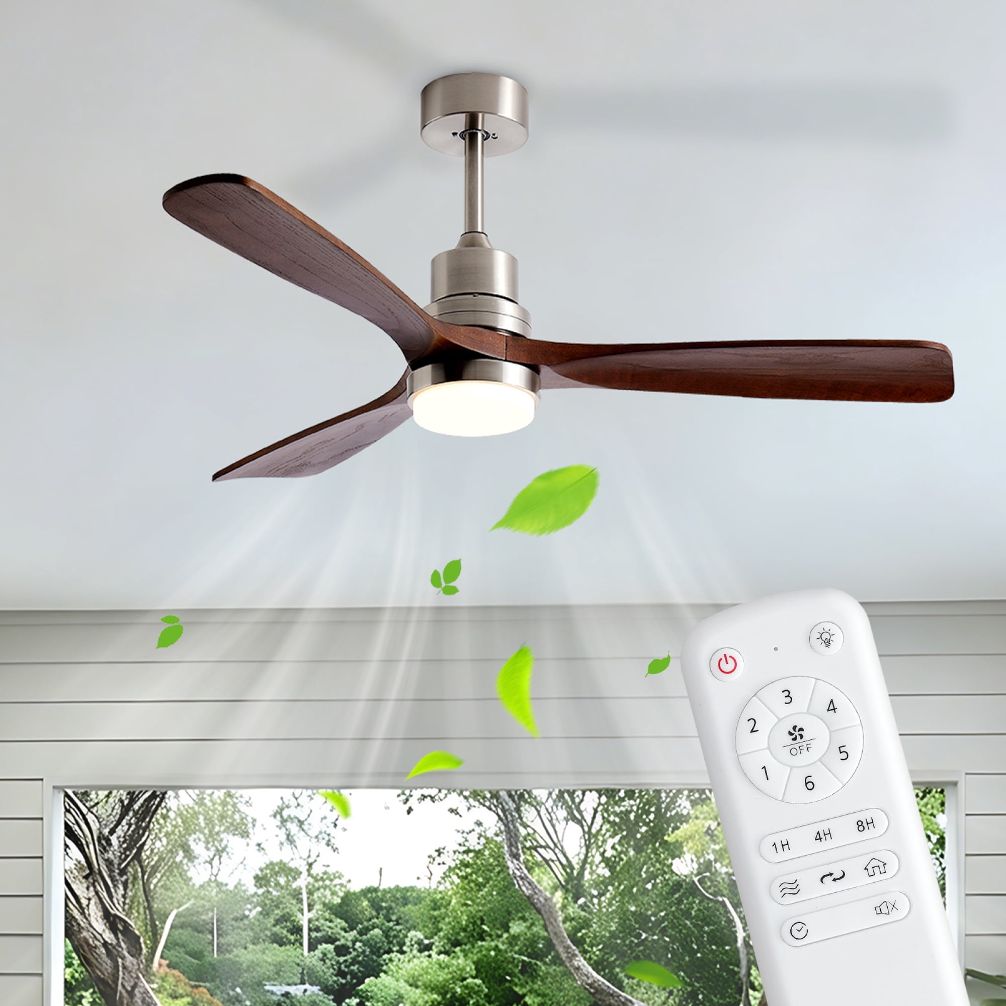 Leumius 52" Wooden Ceiling Fans with Lighted Remote Control, Indoor Outdoor Wooden Ceiling Fan, Outdoor Modern Ceiling Fan with 3 Fan Blades for Patio, Living Room Dining Room Brushed Nickel