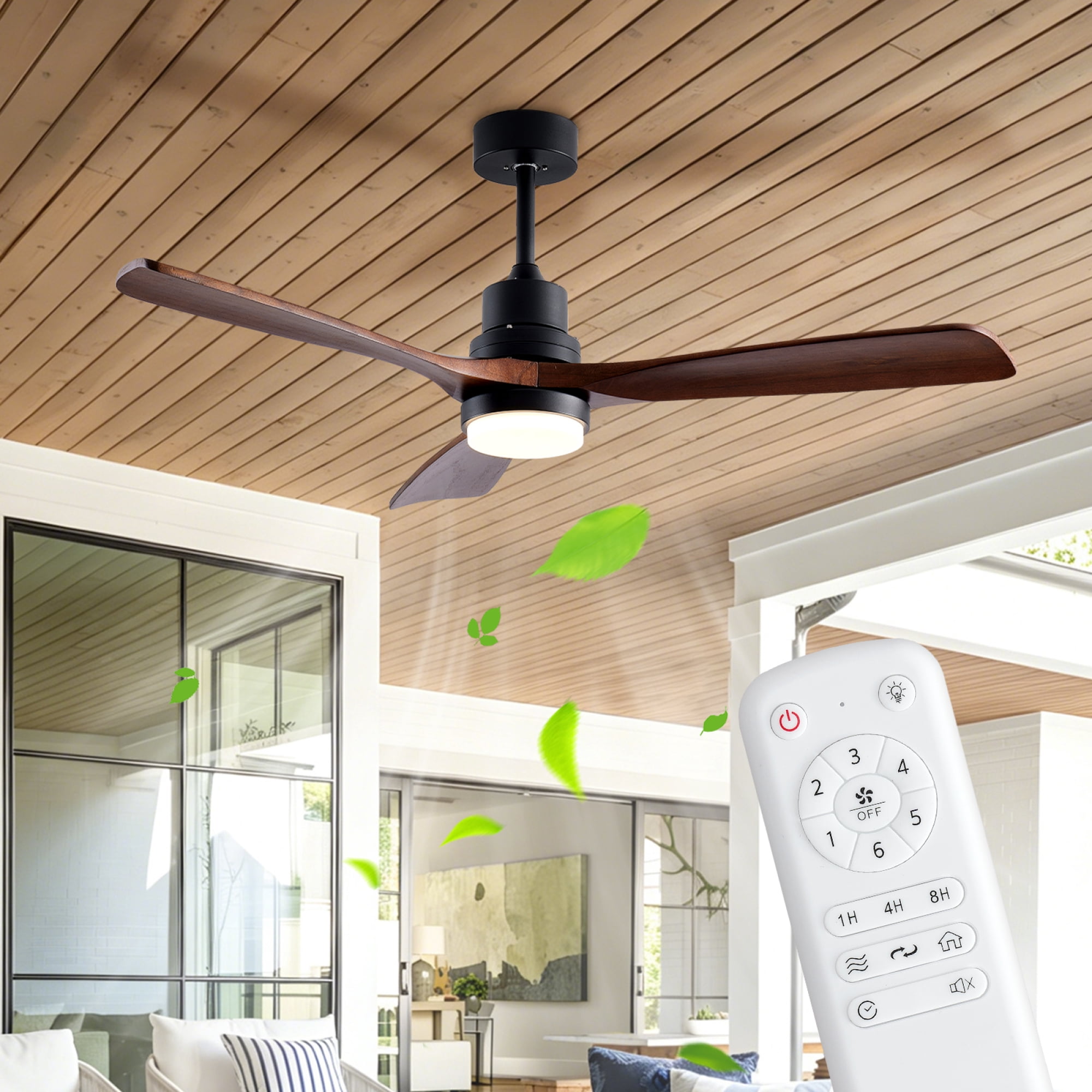Leumius 52" Wooden Ceiling Fans with Lighted Remote Control, Modern Ceiling Fan with 3 Fan Blades for Patio, Living Room, Farmhouse (Black+Walnut)
