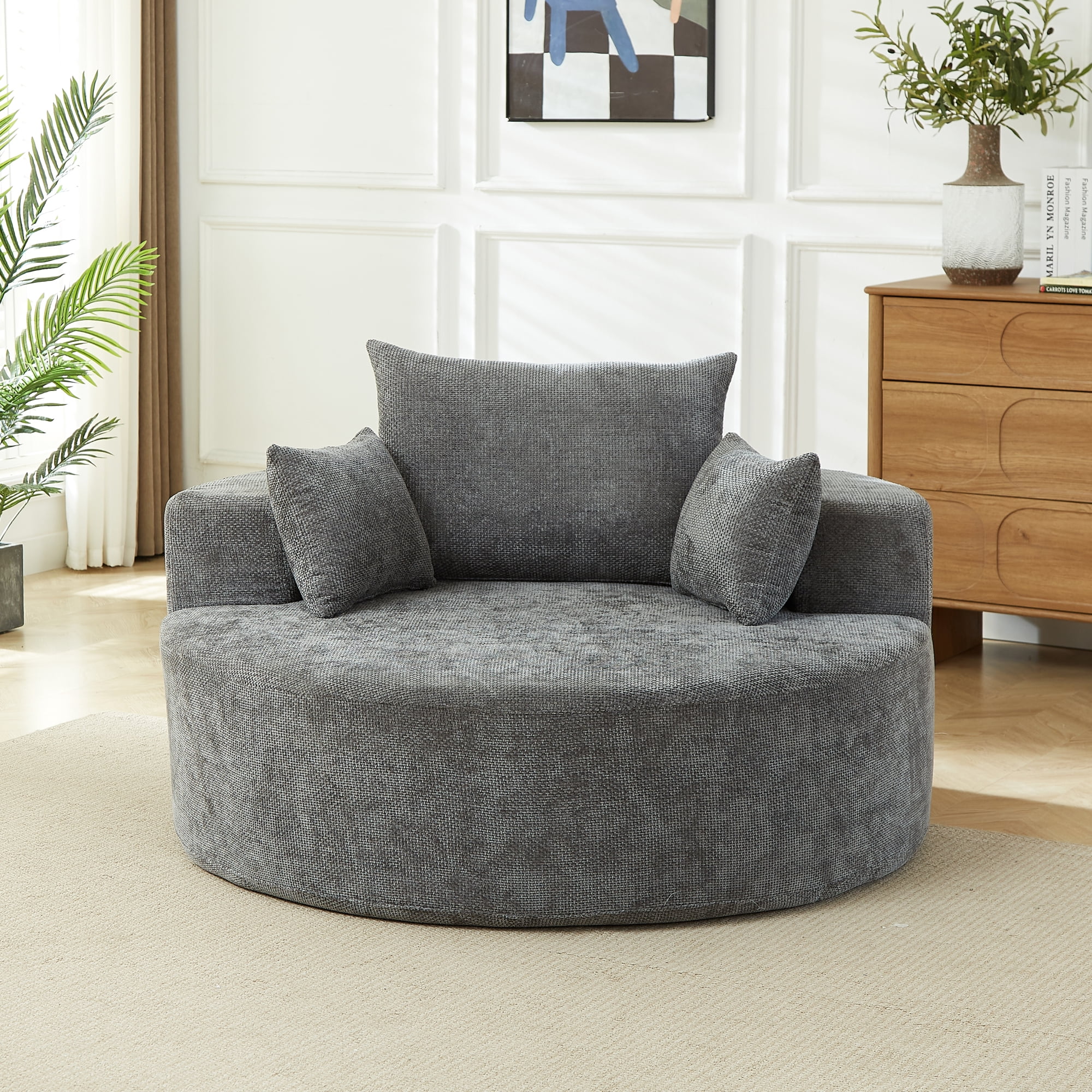 Leumius 55'' Oversized Round Chaise Longue Chair,Upholstered Chenille Single Cloud Circle Sofa Chair with Deep Seat,Fluffy Modern Sleeper Sofa Bed for Reading,Living Room,Bedroom,