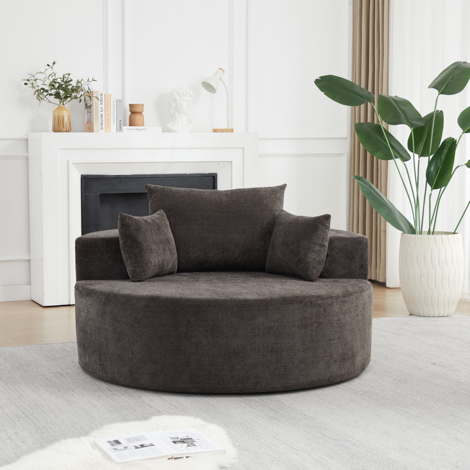 Leumius 55'' Oversized Round Chaise Longue Chair,Upholstered Chenille Single Cloud Circle Sofa Chair with Deep Seat,Fluffy Modern Sleeper Sofa Bed for Reading,Living Room,Bedroom,