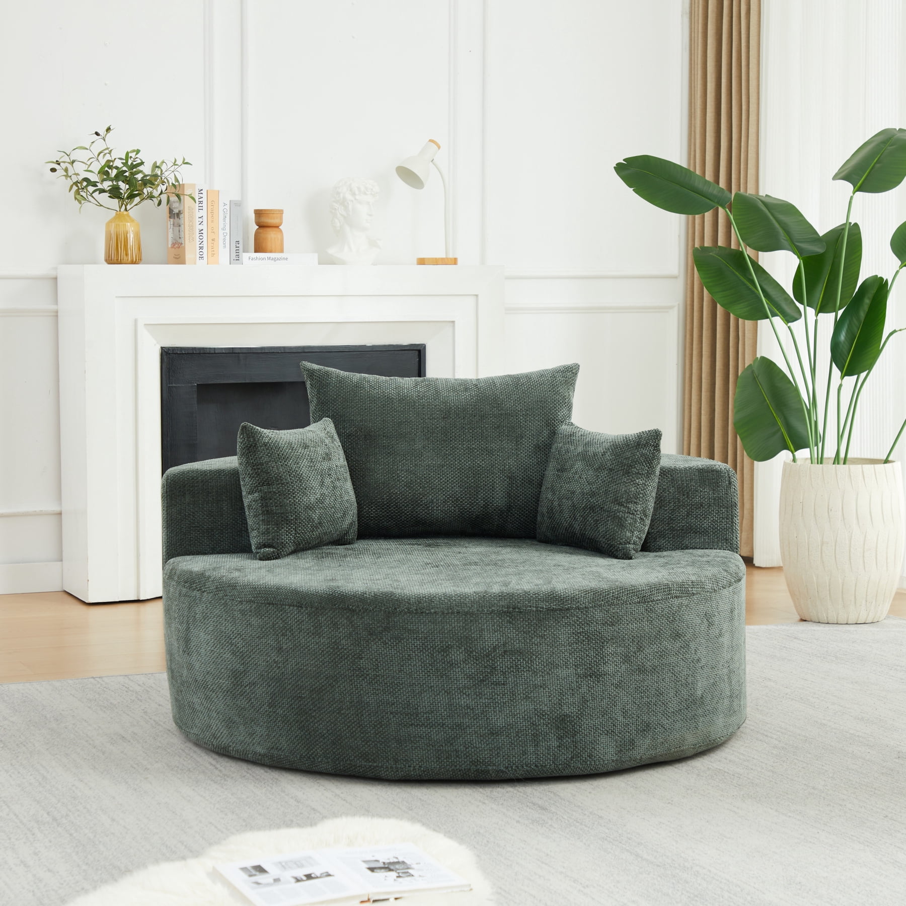 Leumius 55'' Oversized Round Chaise Longue Chair,Upholstered Chenille Single Cloud Circle Sofa Chair with Deep Seat,Fluffy Modern Sleeper Sofa Bed for Reading,Living Room,Bedroom,