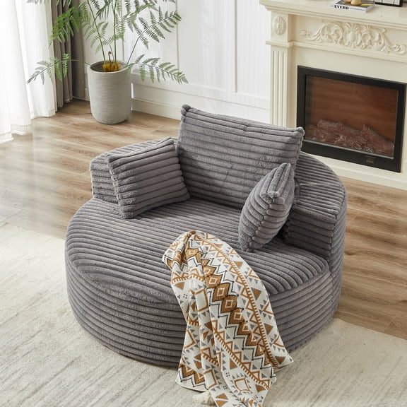 Leumius 55'' Oversized Round Chaise Longue Chair,Upholstered Corduroy Single Cloud Circle Sofa Chair with Deep Seat,Fluffy Modern Sleeper Sofa Bed for Reading,Living Room,Bedroom,