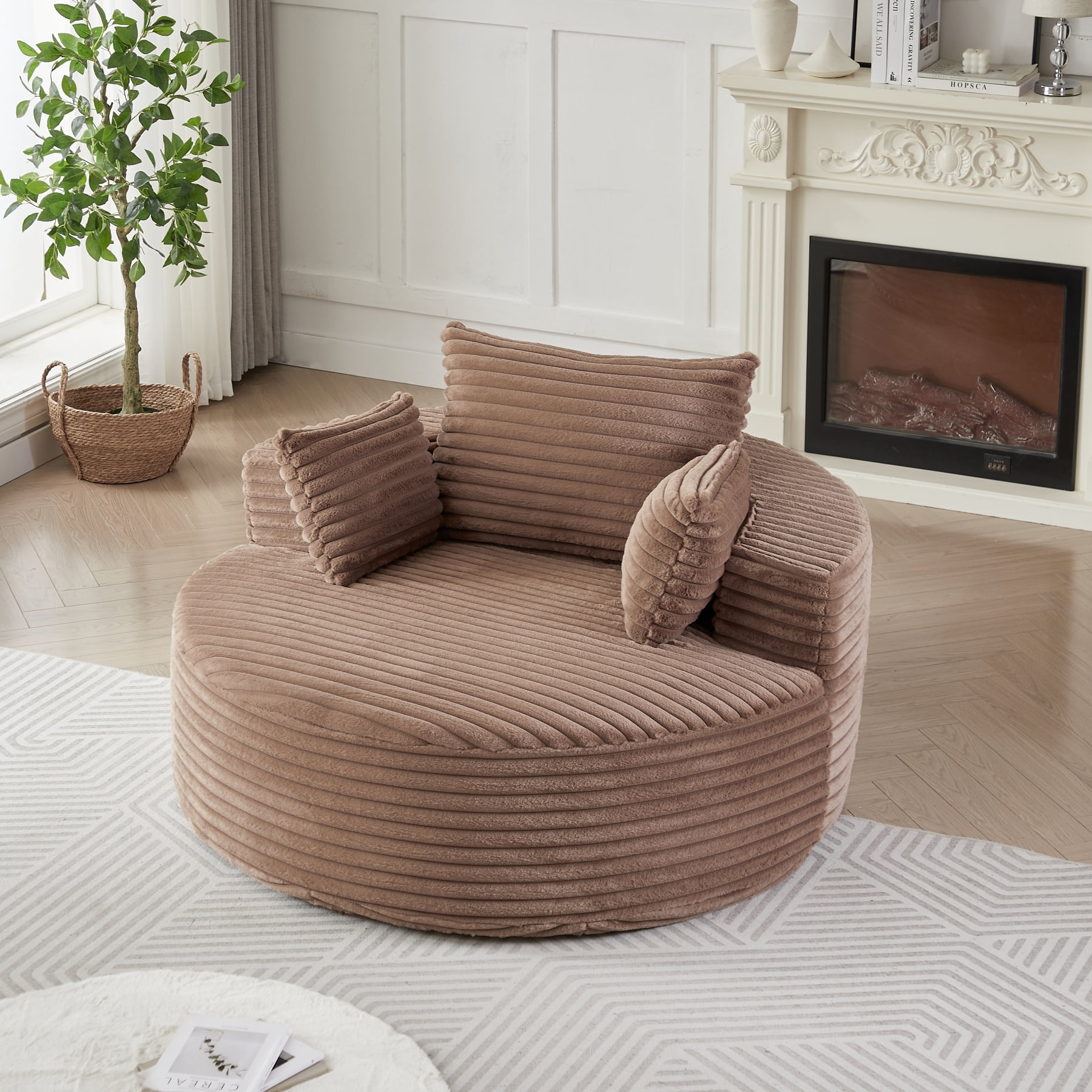 Leumius 55'' Oversized Round Chaise Longue Chair,Upholstered Corduroy Single Cloud Circle Sofa Chair with Deep Seat,Fluffy Modern Sleeper Sofa Bed for Reading,Living Room,Bedroom,