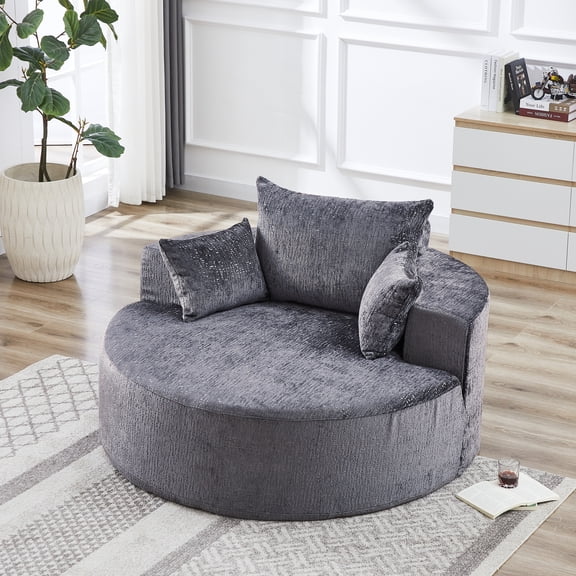 Leumius 55'' Oversized Round Chaise Longue Chair,Upholstered Polyester Single Cloud Circle Sofa Chair with Deep Seat,Fluffy Modern Sleeper Sofa Bed for Reading,Living Room,Bedroom,