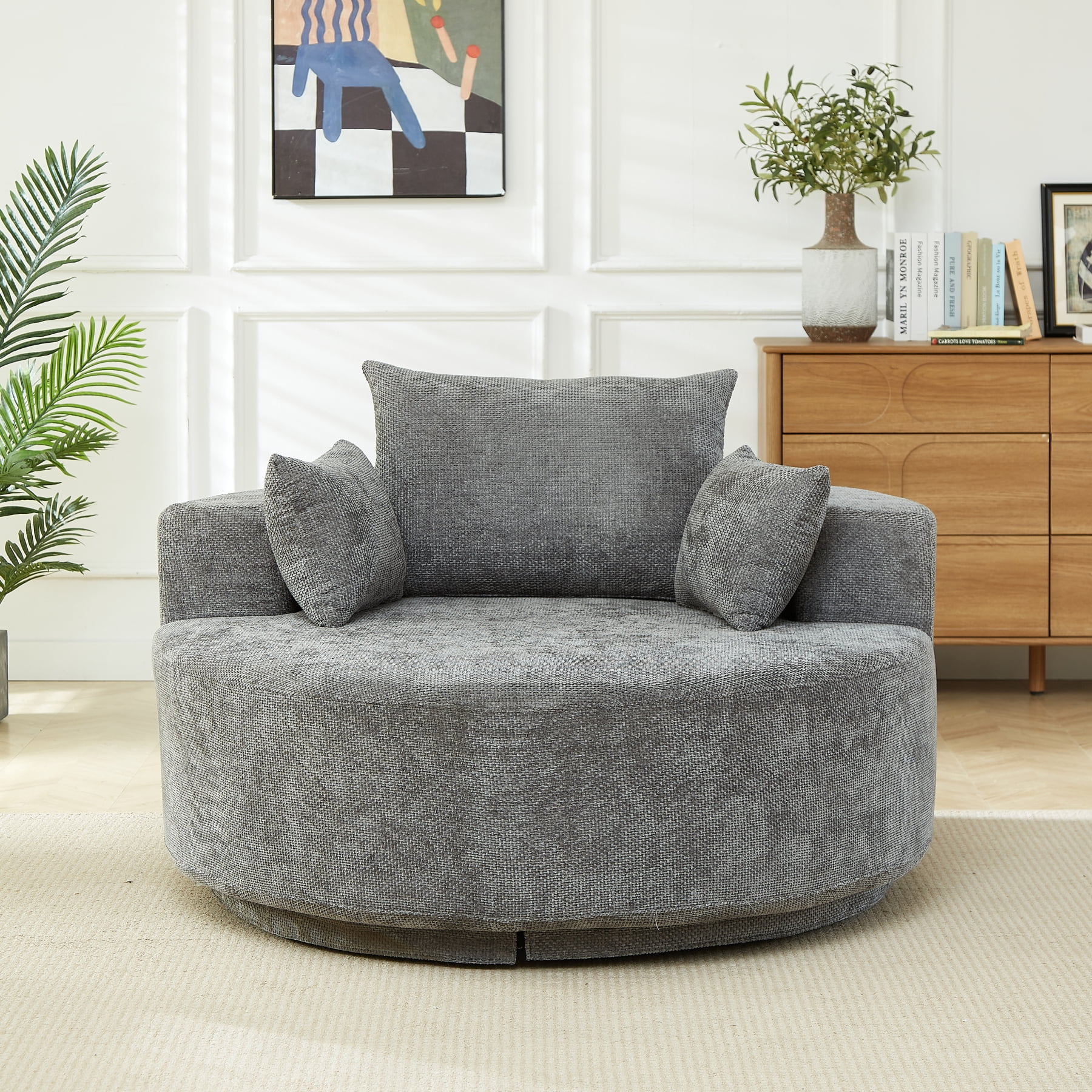 Leumius 55" Oversized Round Swivel Accent Chair,Upholstered Chenille 360 Degree Swivel Chair for Living Room, Bedroom, Lounge and Projection Room,Gray
