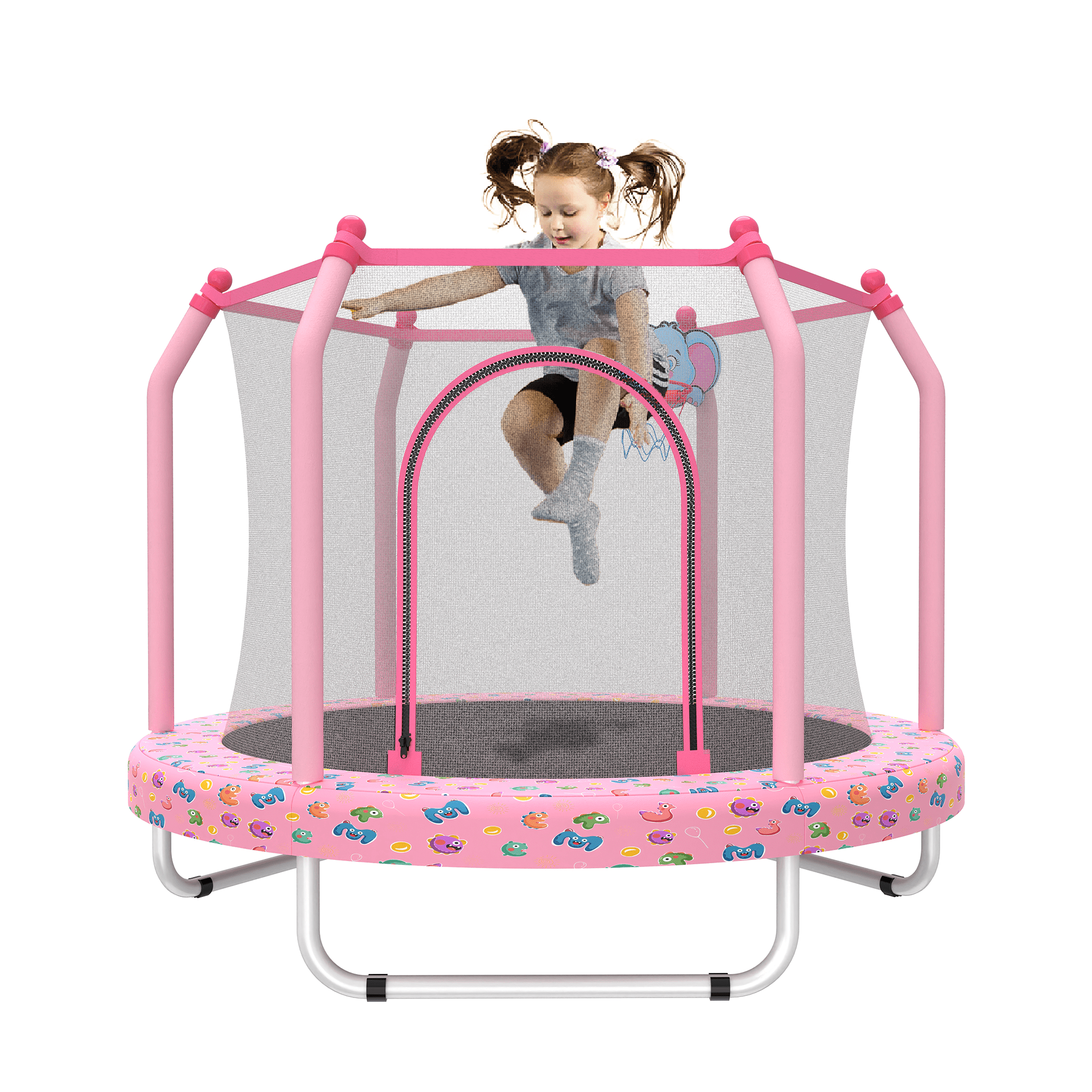 Leumius 55" Trampoline for Kids with Enclosure,Indoor & Outdoor Trampoline with Basketball Hoop for Boys & Girls,Pink