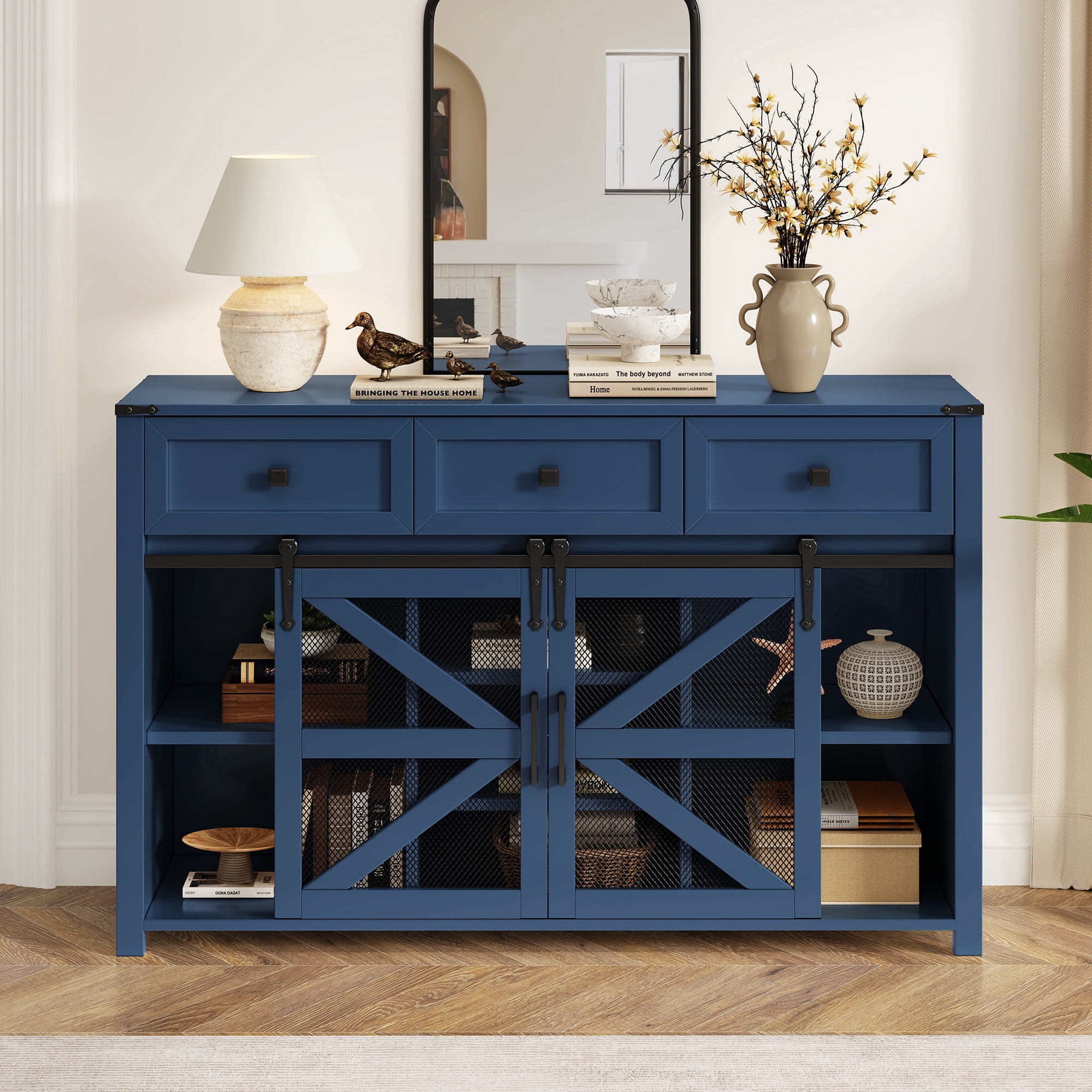 Leumius 55In Sliding Barn Door Sideboard Buffet Cabinet with 3 Drawers, Adjustable Shelves, Metal Mesh & Particleboard Doors, Aluminum Handles, Industrial Storage for Living or Dining Room Blue