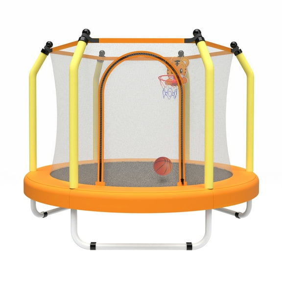 Leumius 55inch Trampoline for Kids, Outdoor Mini Trampoline with Enclosure and Basketball Hoop, Yellow